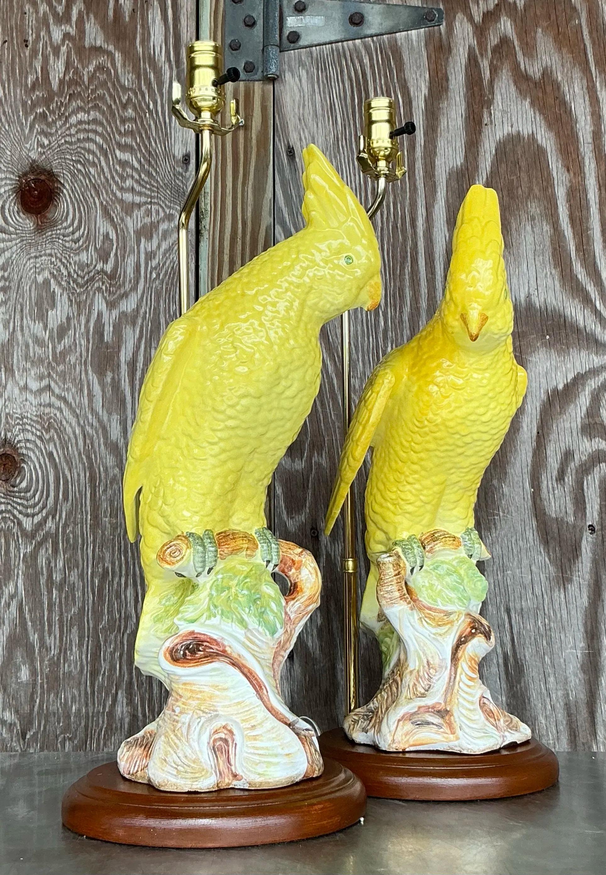 Vintage Regency Glazed Ceramic Cockatoo Lamps - a Pair In Good Condition In west palm beach, FL