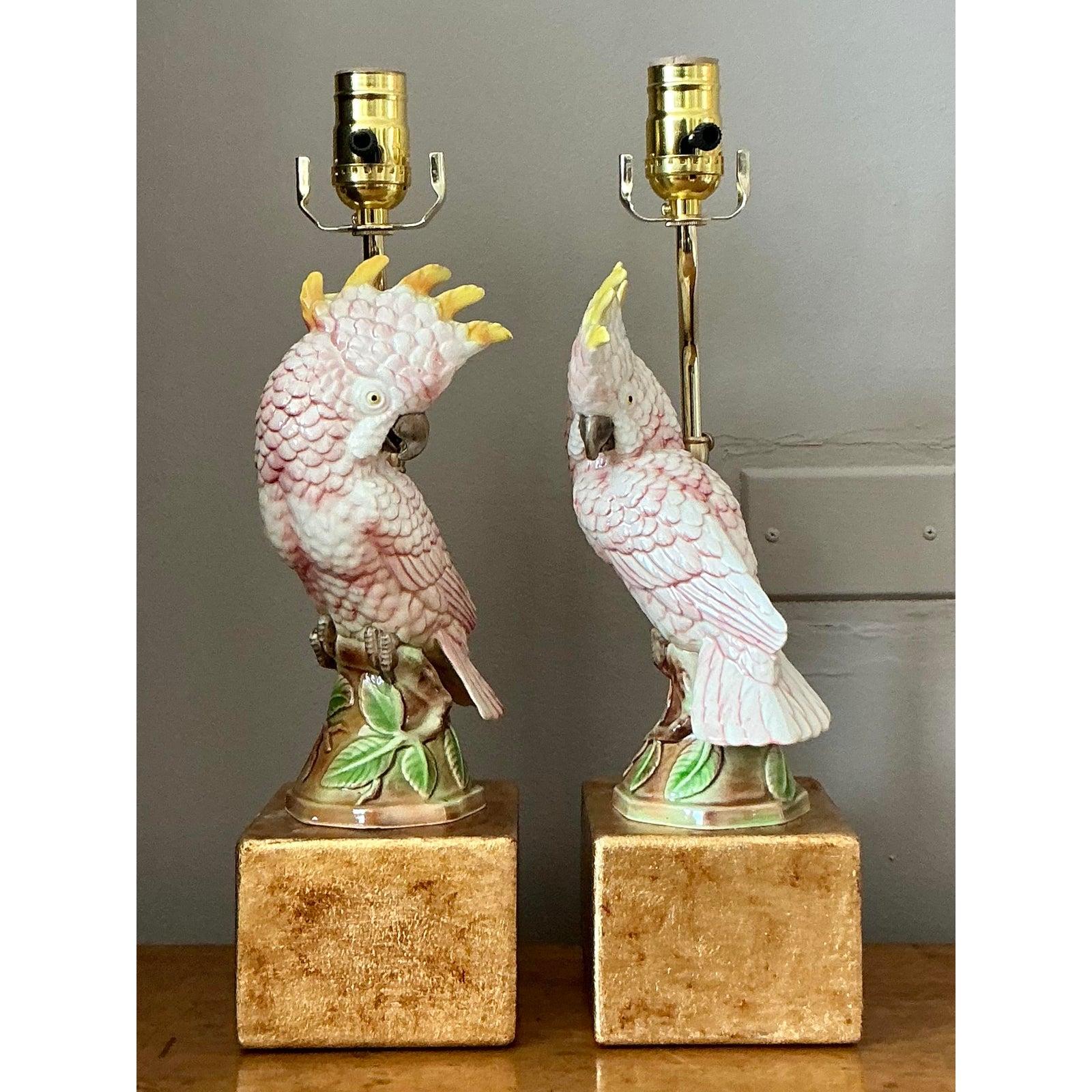 American Vintage Regency Glazed Ceramic Cockatoo Lamps - A Pair For Sale