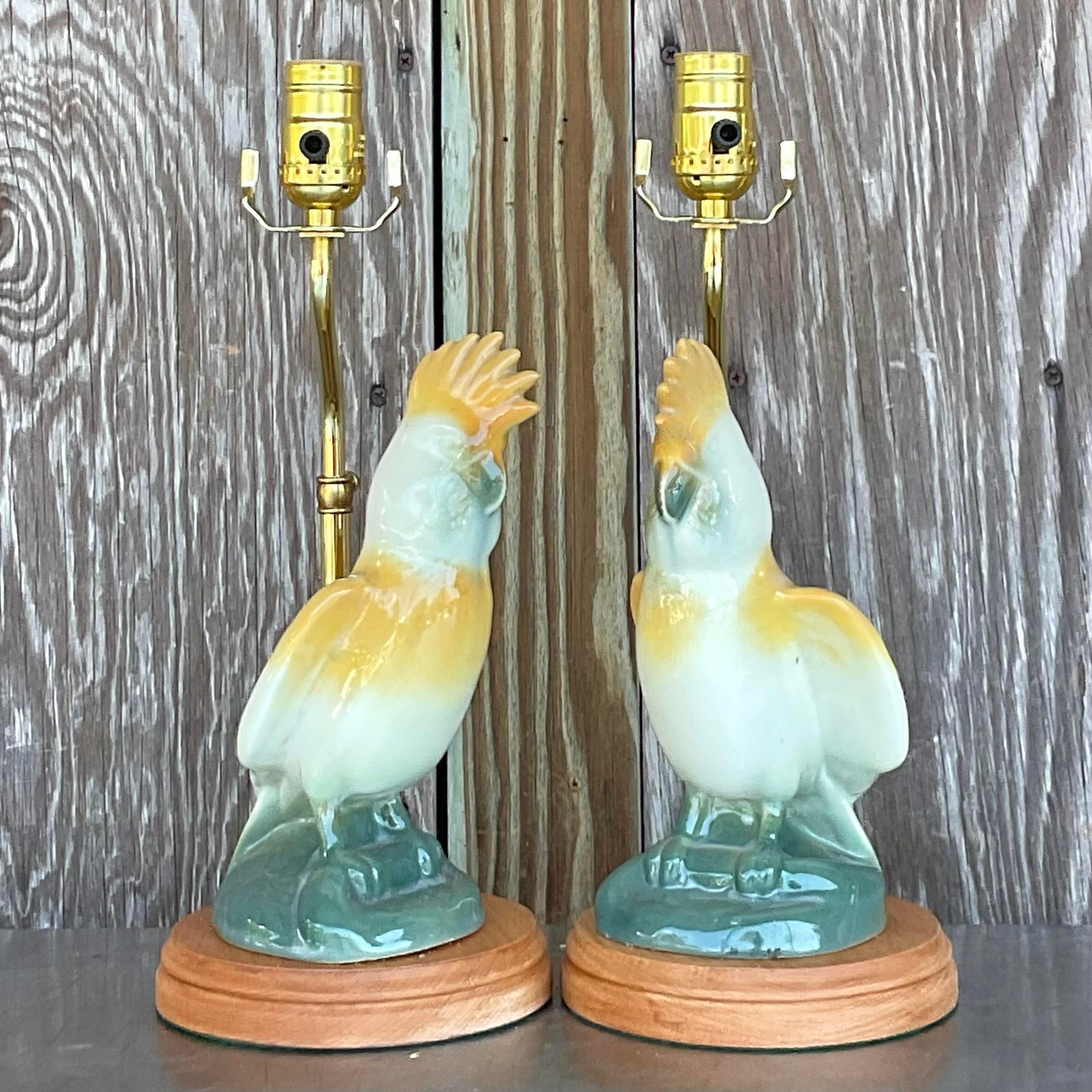 20th Century Vintage Regency Glazed Ceramic Cockatoo Lamps - a Pair