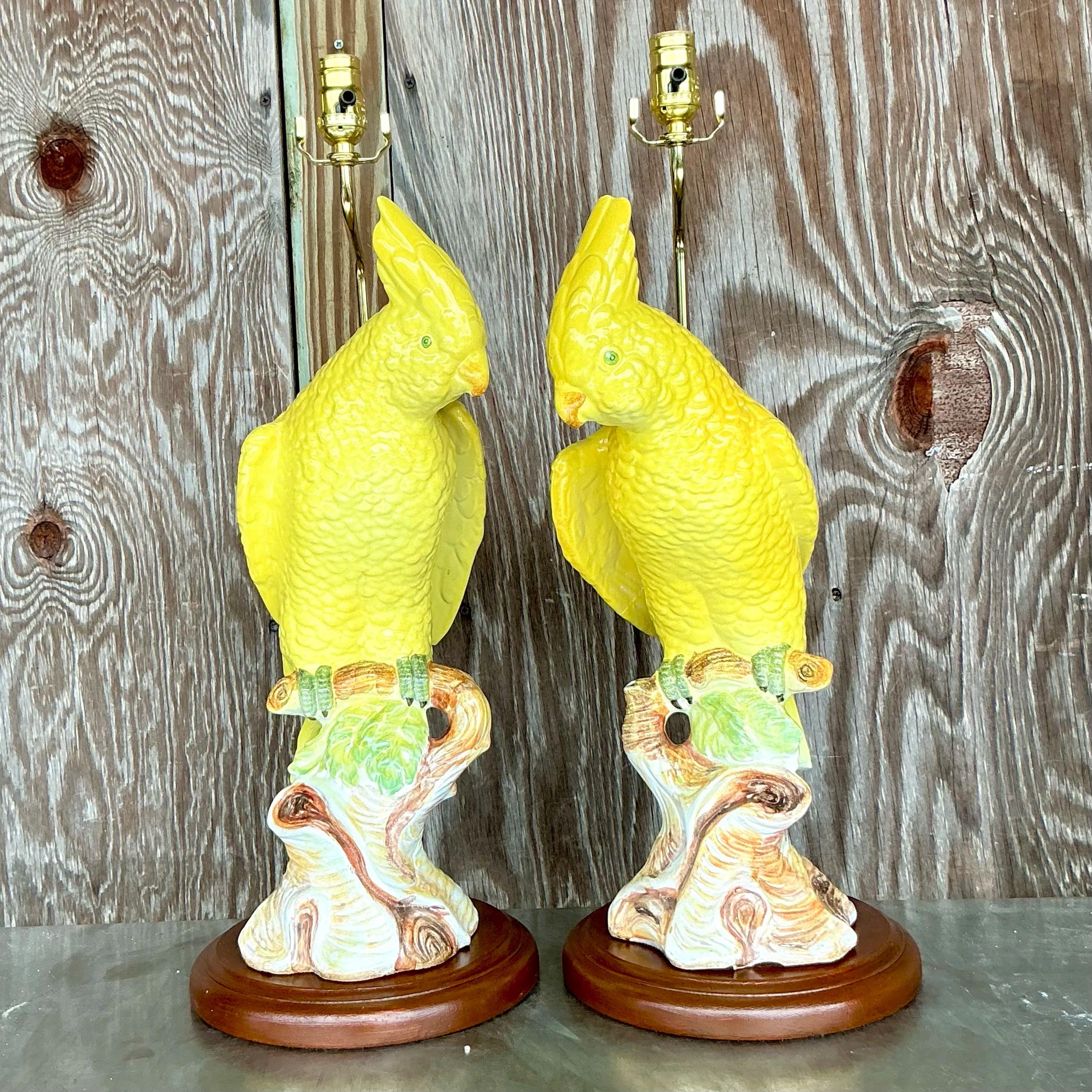 20th Century Vintage Regency Glazed Ceramic Cockatoo Lamps - a Pair