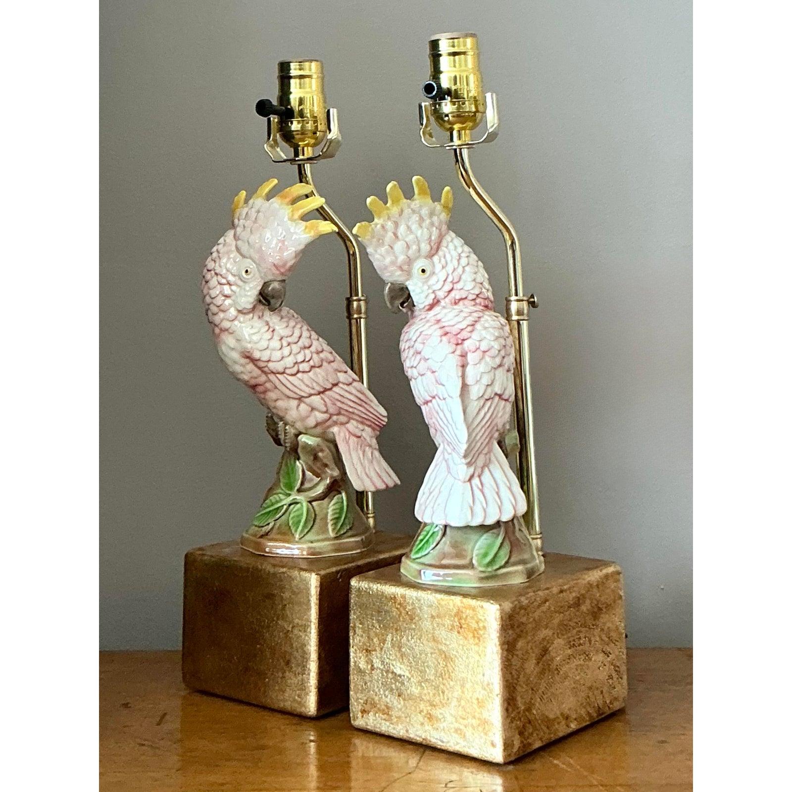 Vintage Regency Glazed Ceramic Cockatoo Lamps - A Pair In Good Condition For Sale In West Palm Beach, FL