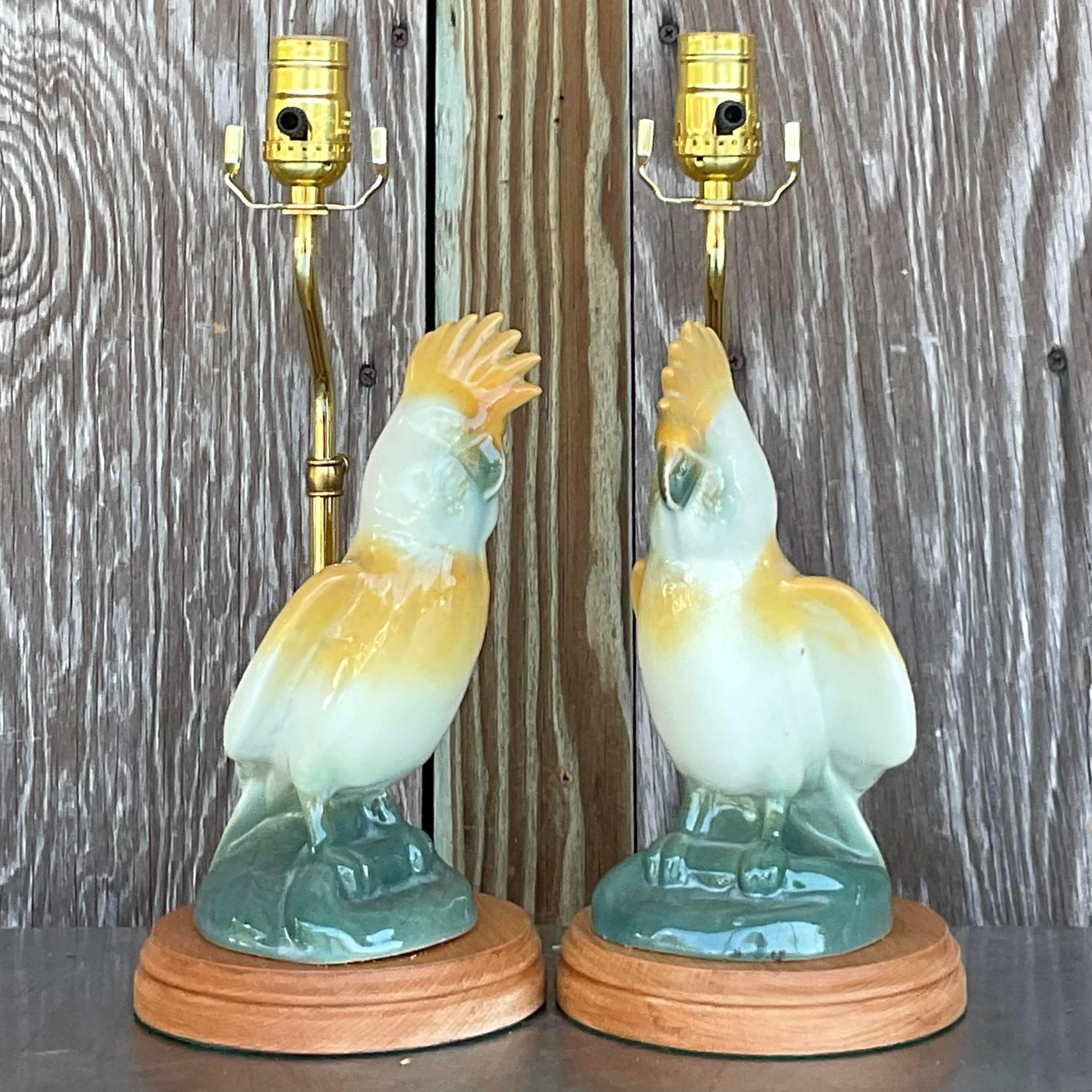 Metal Vintage Regency Glazed Ceramic Cockatoo Lamps - a Pair