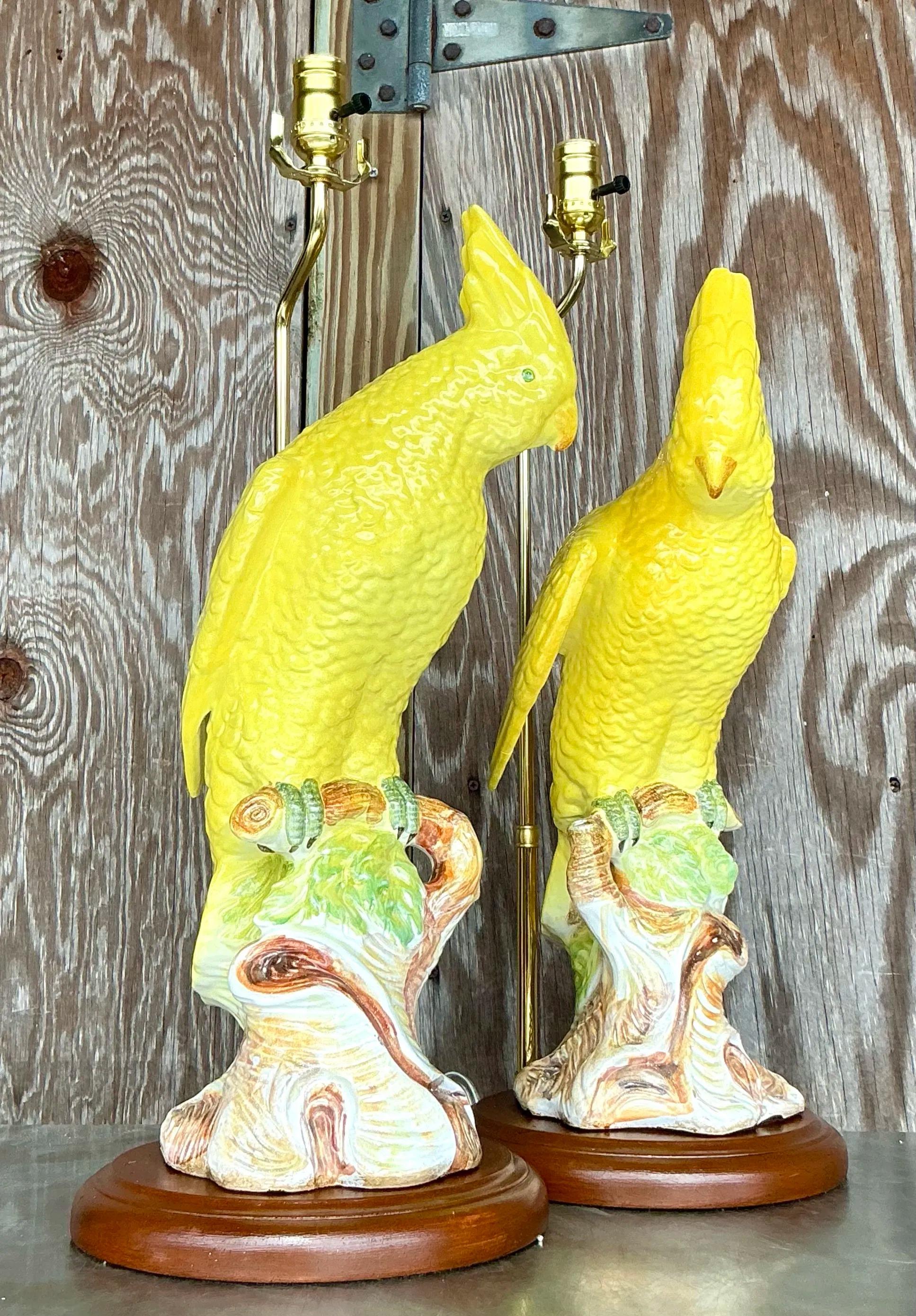 Brass Vintage Regency Glazed Ceramic Cockatoo Lamps - a Pair