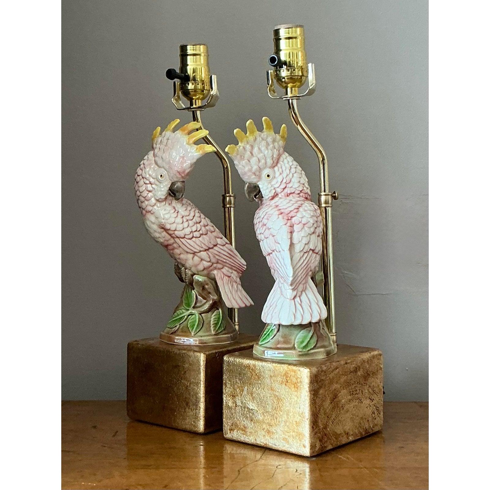 20th Century Vintage Regency Glazed Ceramic Cockatoo Lamps - A Pair For Sale