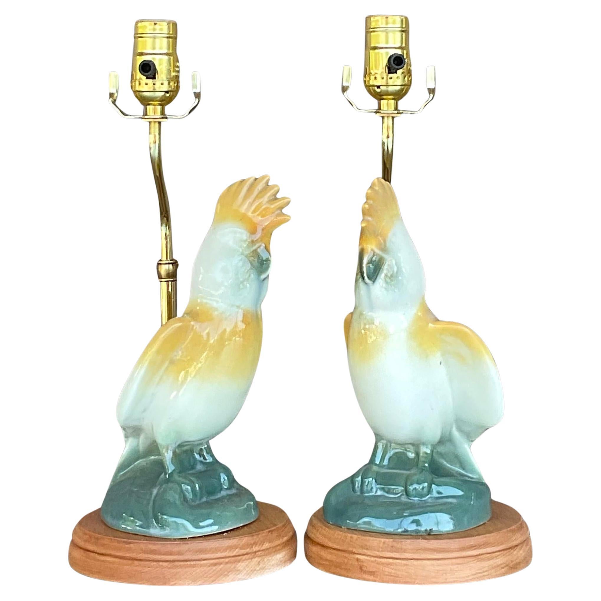 Vintage Regency Glazed Ceramic Cockatoo Lamps - a Pair
