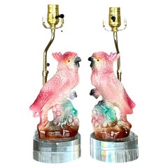 Vintage Regency Glazed Ceramic Cockatoo Lamps - A Pair