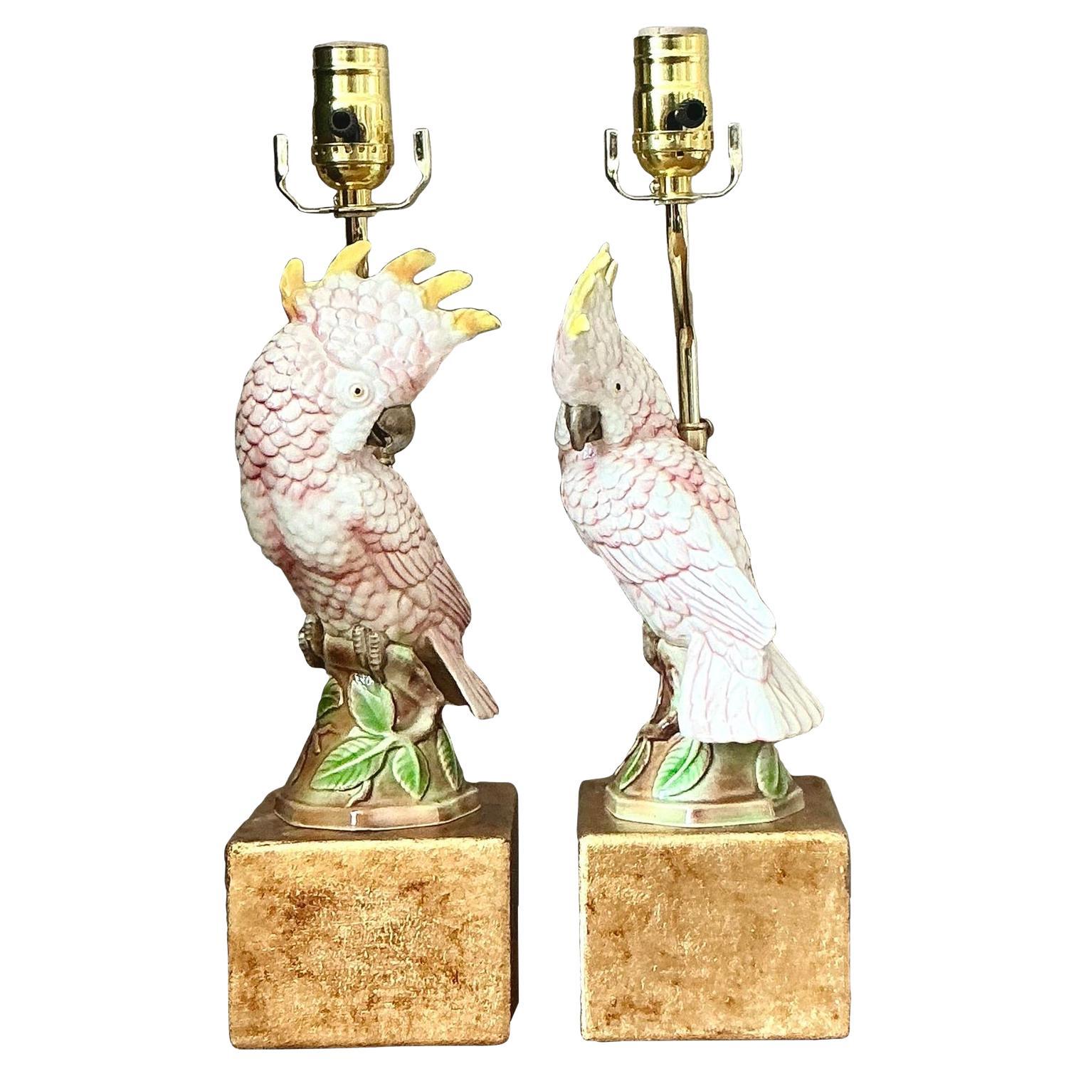 Vintage Regency Glazed Ceramic Cockatoo Lamps - A Pair For Sale
