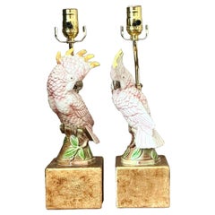 Vintage Regency Glazed Ceramic Cockatoo Lamps - A Pair