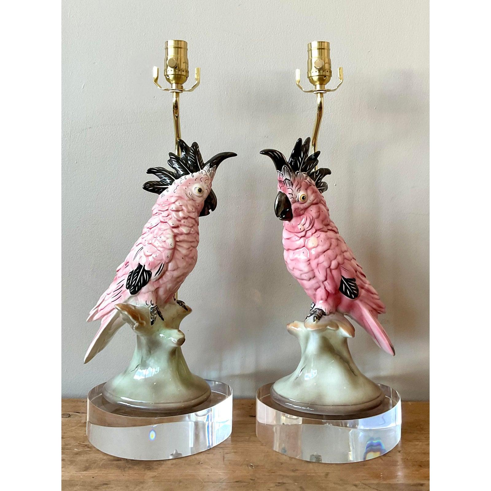 American Vintage Regency Glazed Ceramic Cockatoo Lamps - Set of Two For Sale