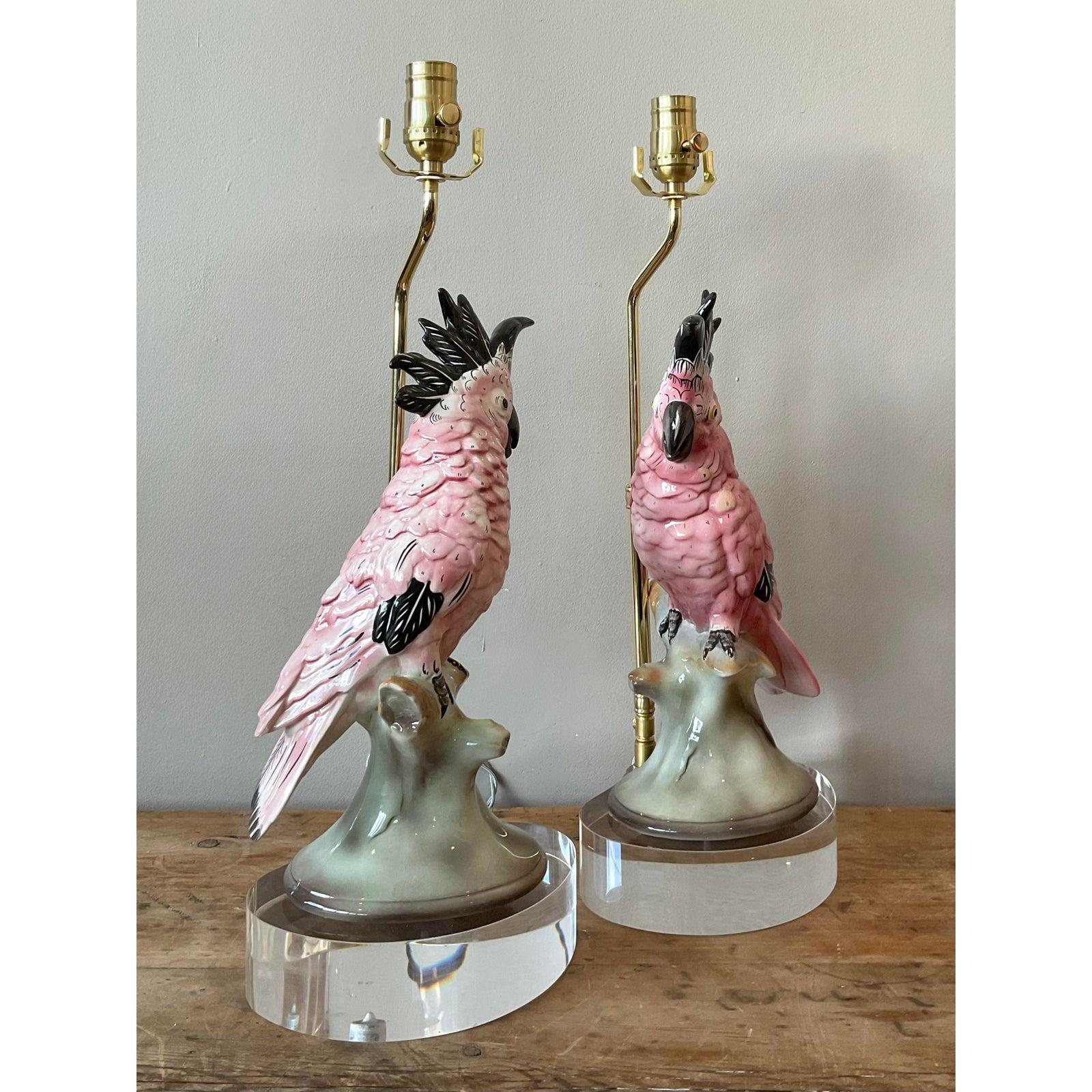 20th Century Vintage Regency Glazed Ceramic Cockatoo Lamps - Set of Two For Sale