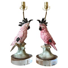 Vintage Regency Glazed Ceramic Cockatoo Lamps - Set of Two