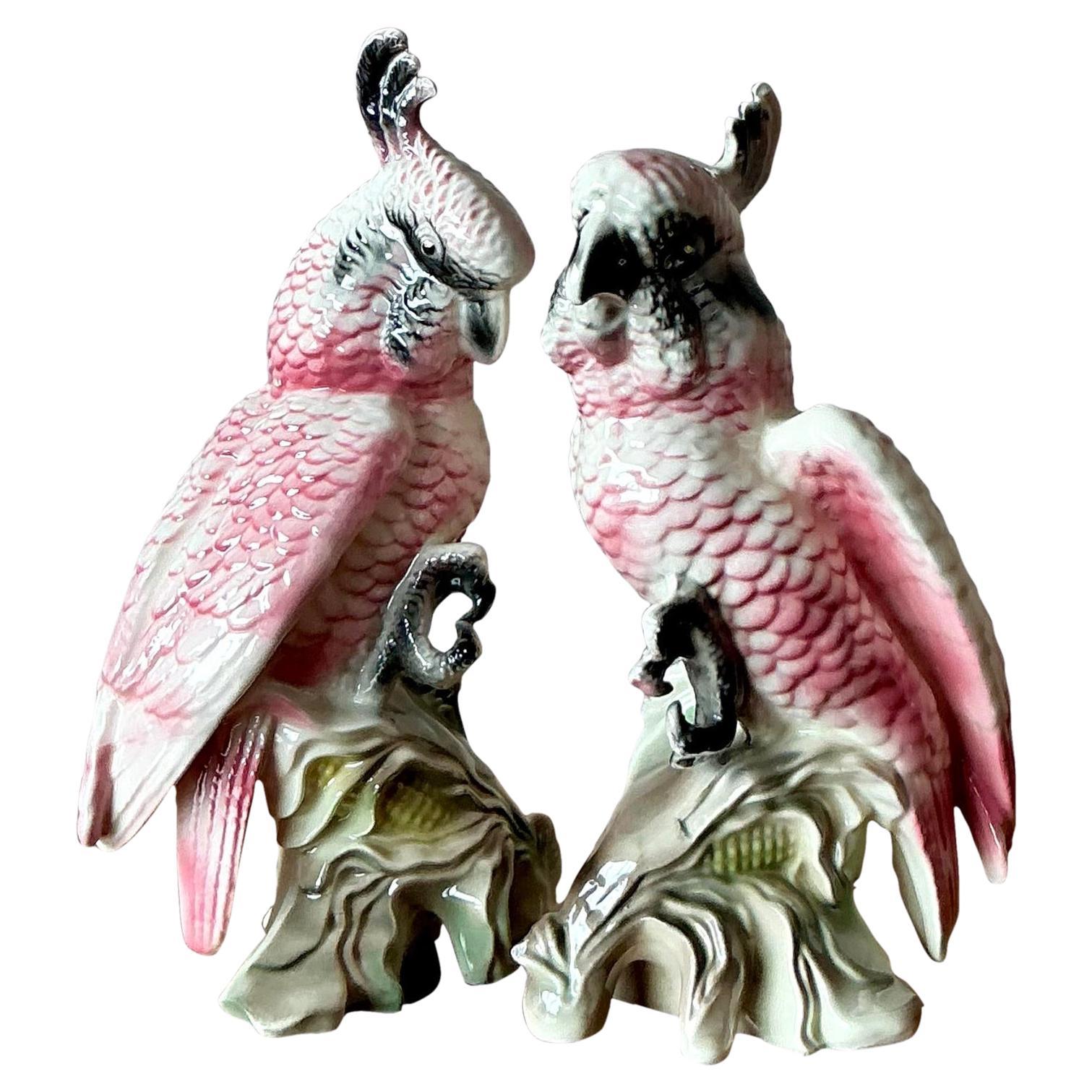 Vintage Regency Glazed Ceramic Cockatoos - A Pair