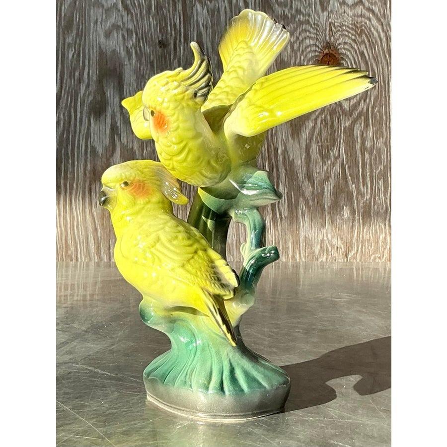 Mid-Century Modern Vintage Regency Glazed Ceramic Cockatoos