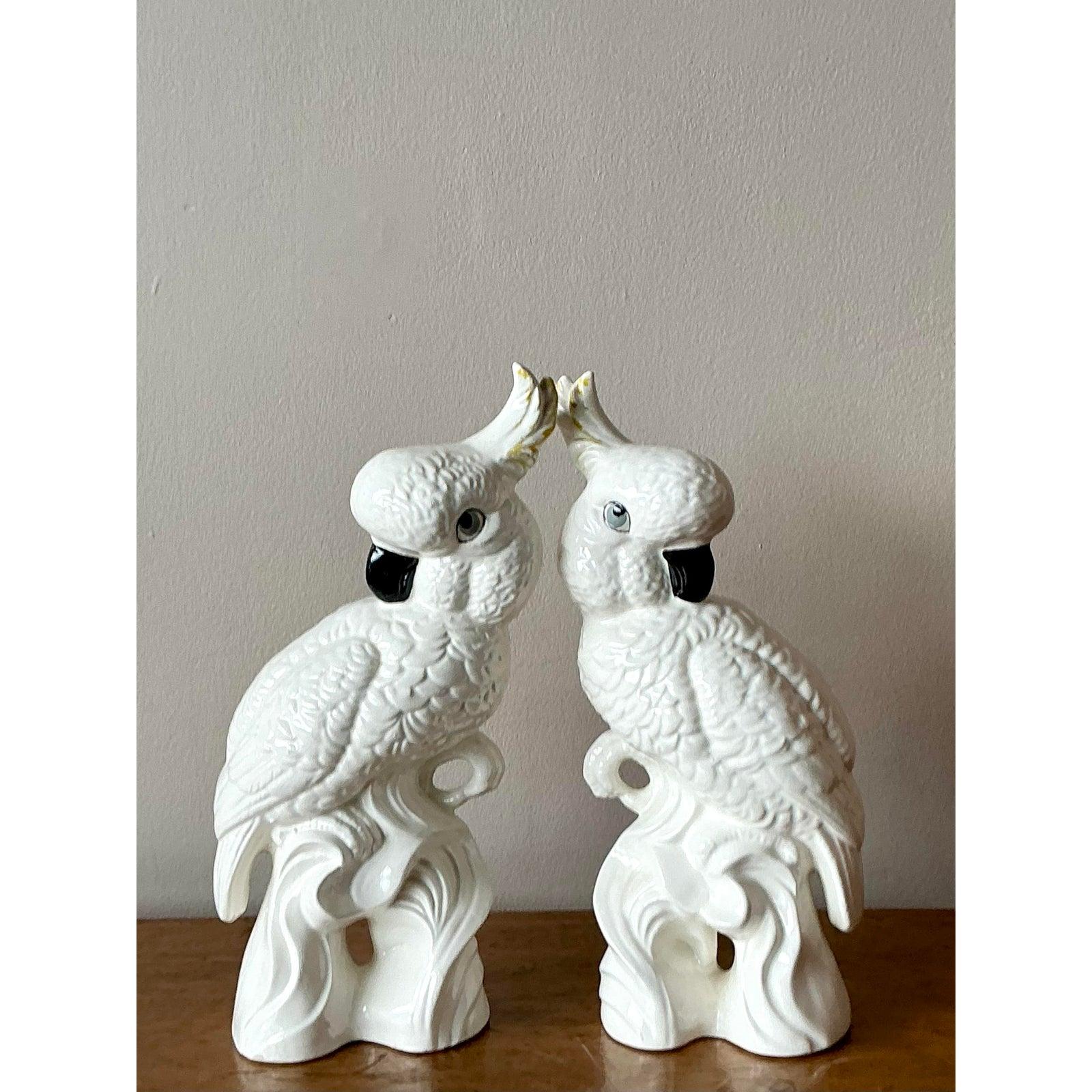 Mid-Century Modern Vintage Regency Glazed Ceramic Cockatoos- Set of 2 For Sale
