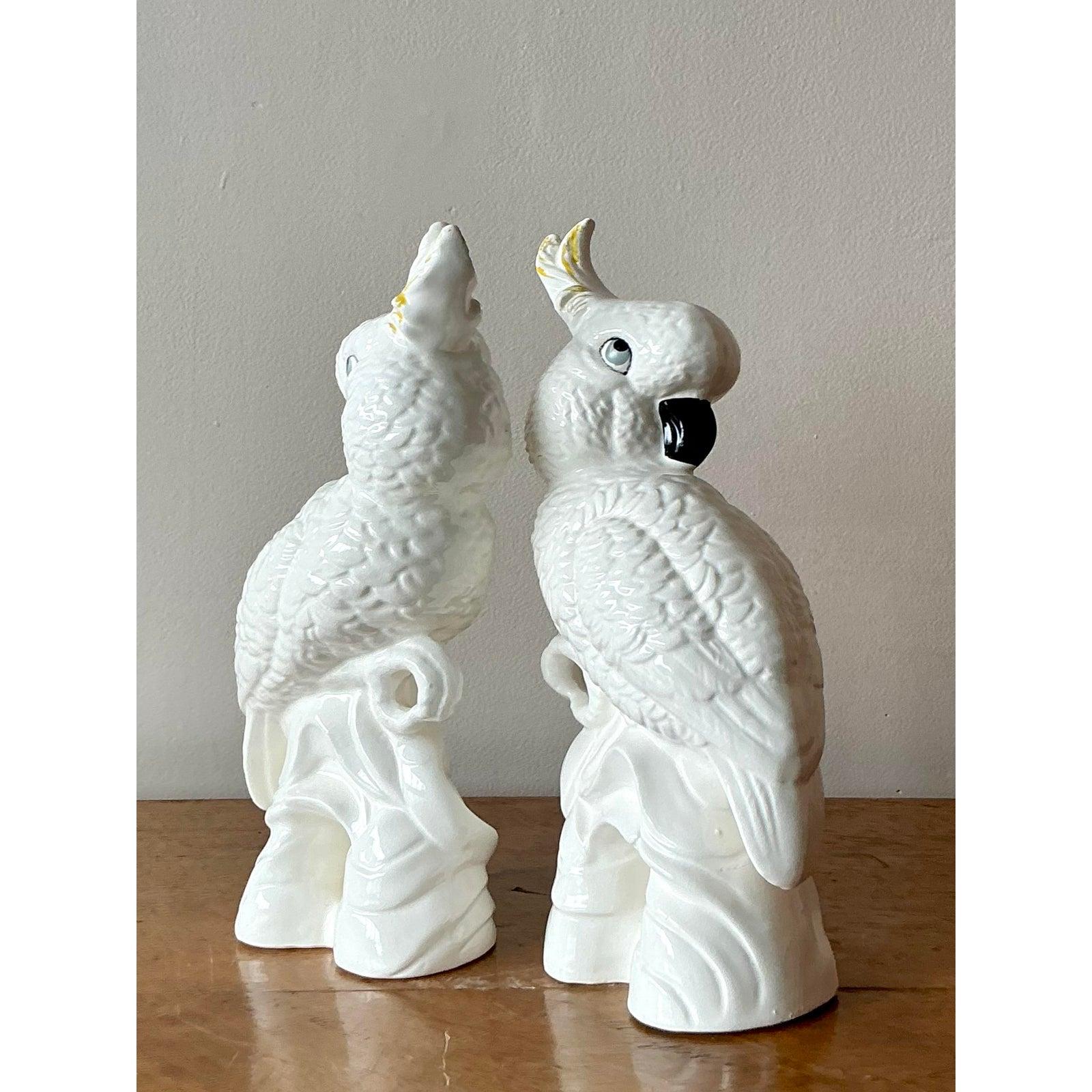 Japanese Vintage Regency Glazed Ceramic Cockatoos- Set of 2 For Sale
