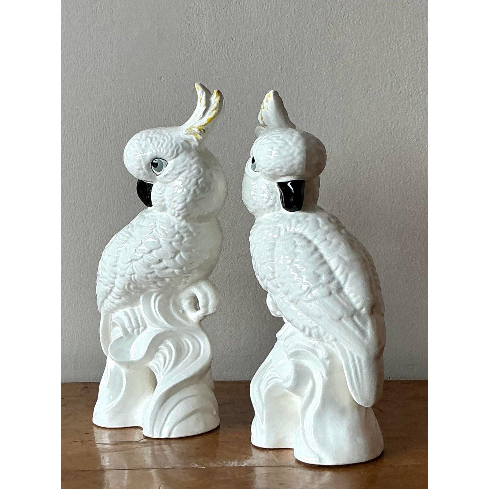 Vintage Regency Glazed Ceramic Cockatoos- Set of 2 In Good Condition For Sale In West Palm Beach, FL
