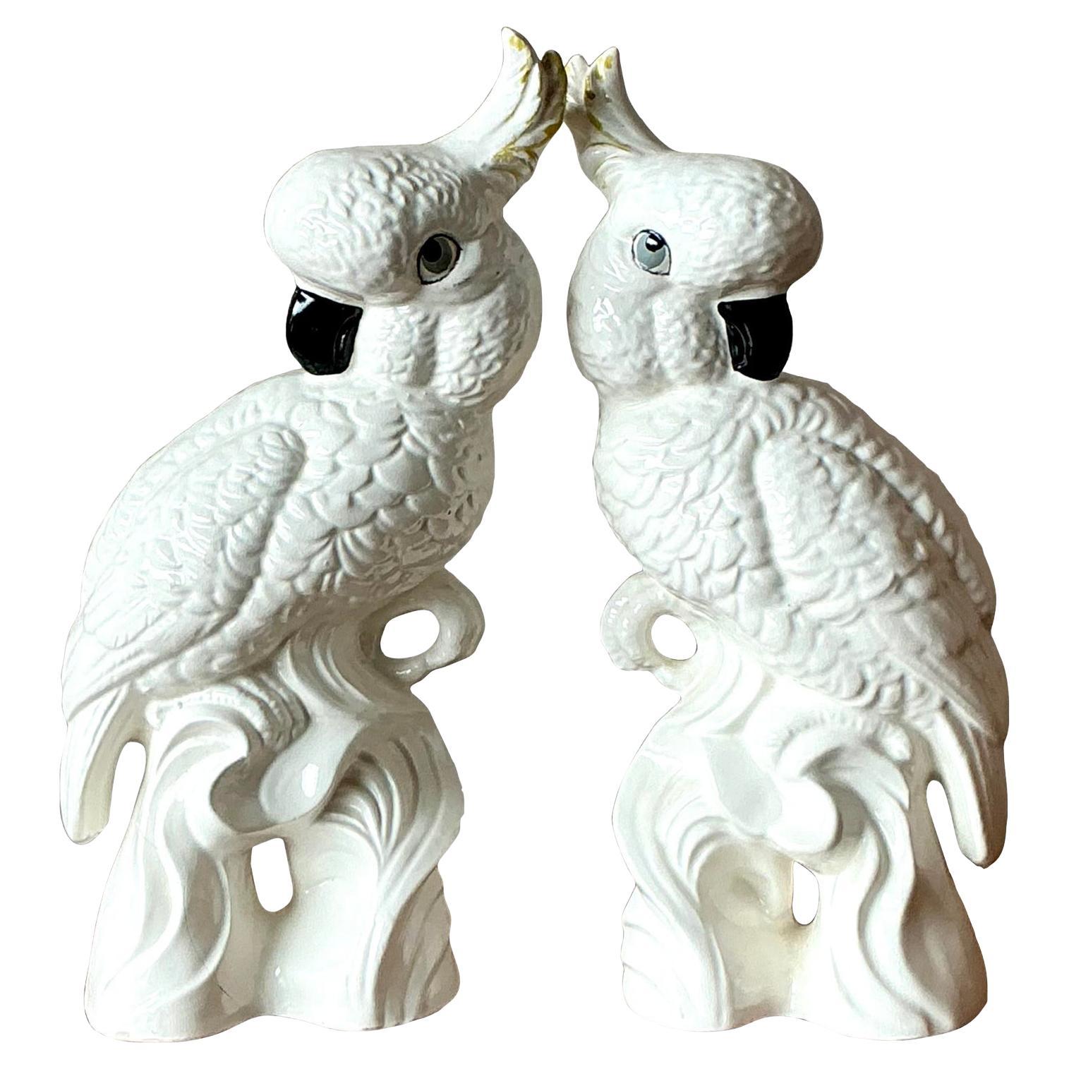 Vintage Regency Glazed Ceramic Cockatoos- Set of 2 For Sale