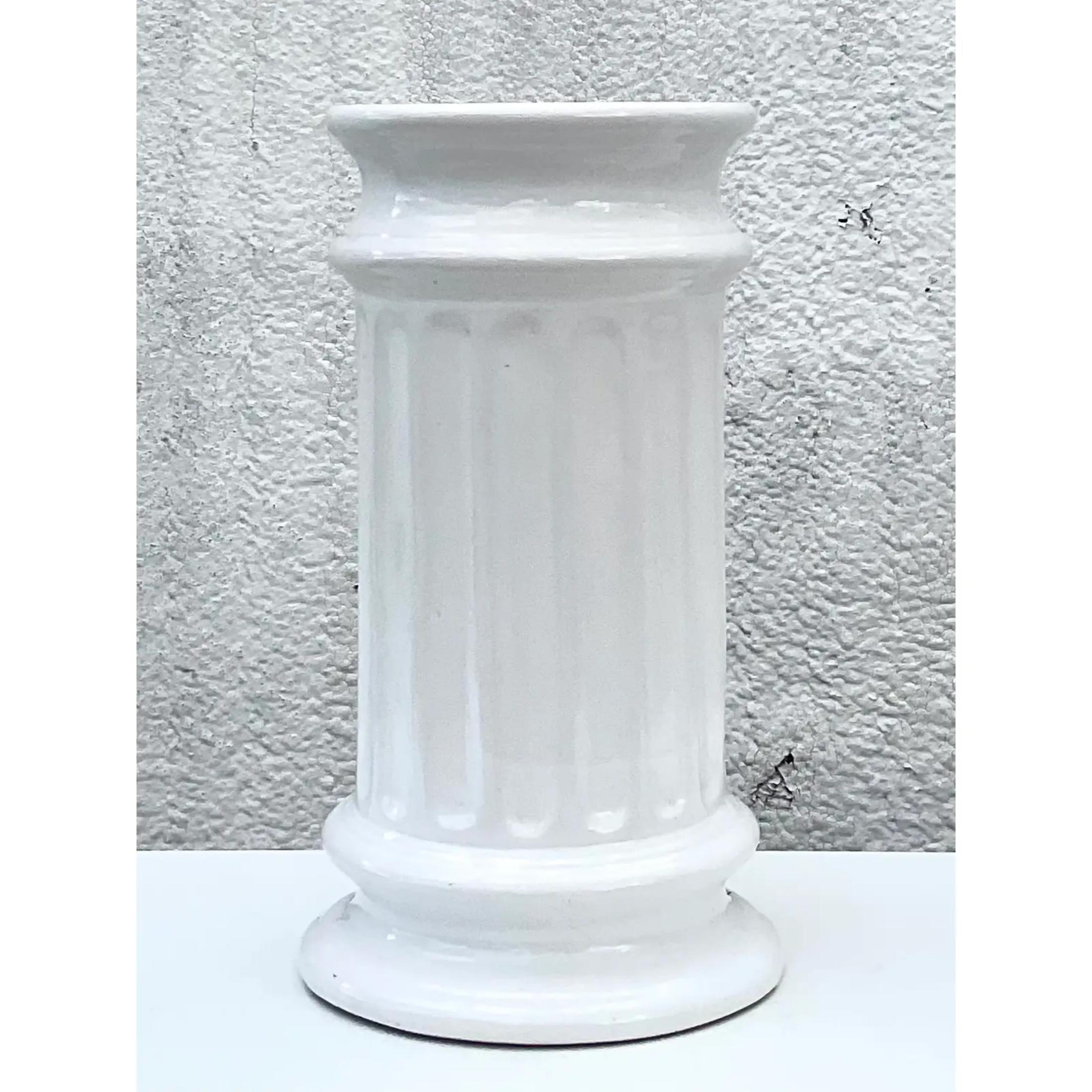 Fantastic vintage white umbrella stand. Beautiful glazed ceramic in a chic column design. Made in Portugal. Acquired from a Palm Beach estate