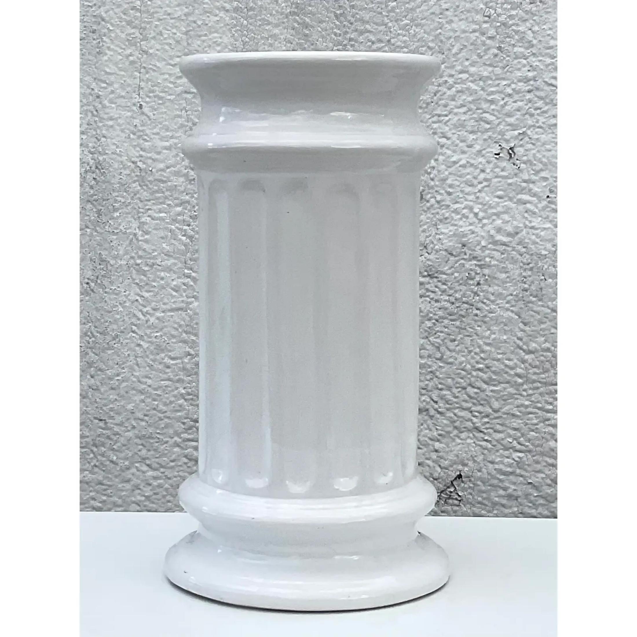 20th Century Vintage Regency Glazed Ceramic Column Umbrella Stand For Sale