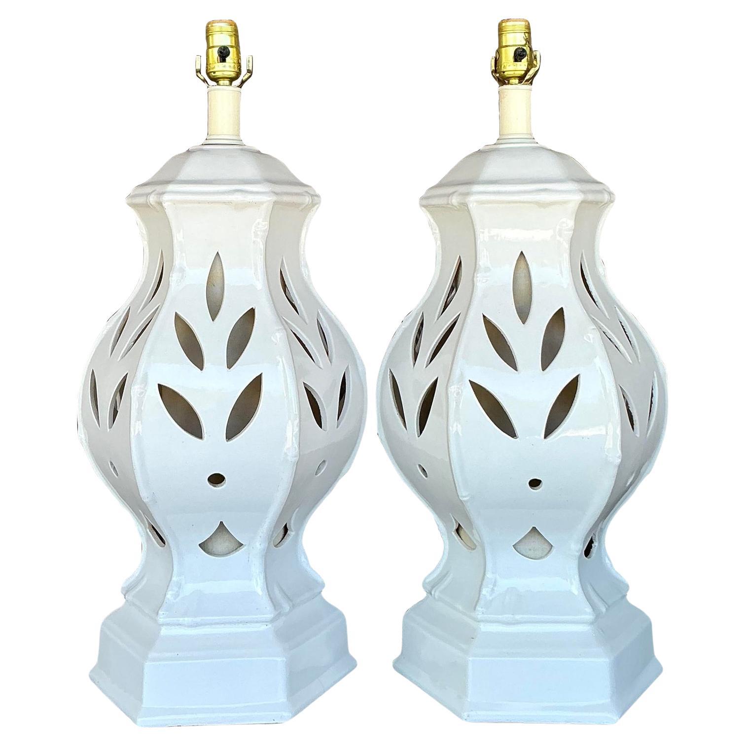 Vintage Regency Glazed Ceramic Cutout Lamps - A Pair