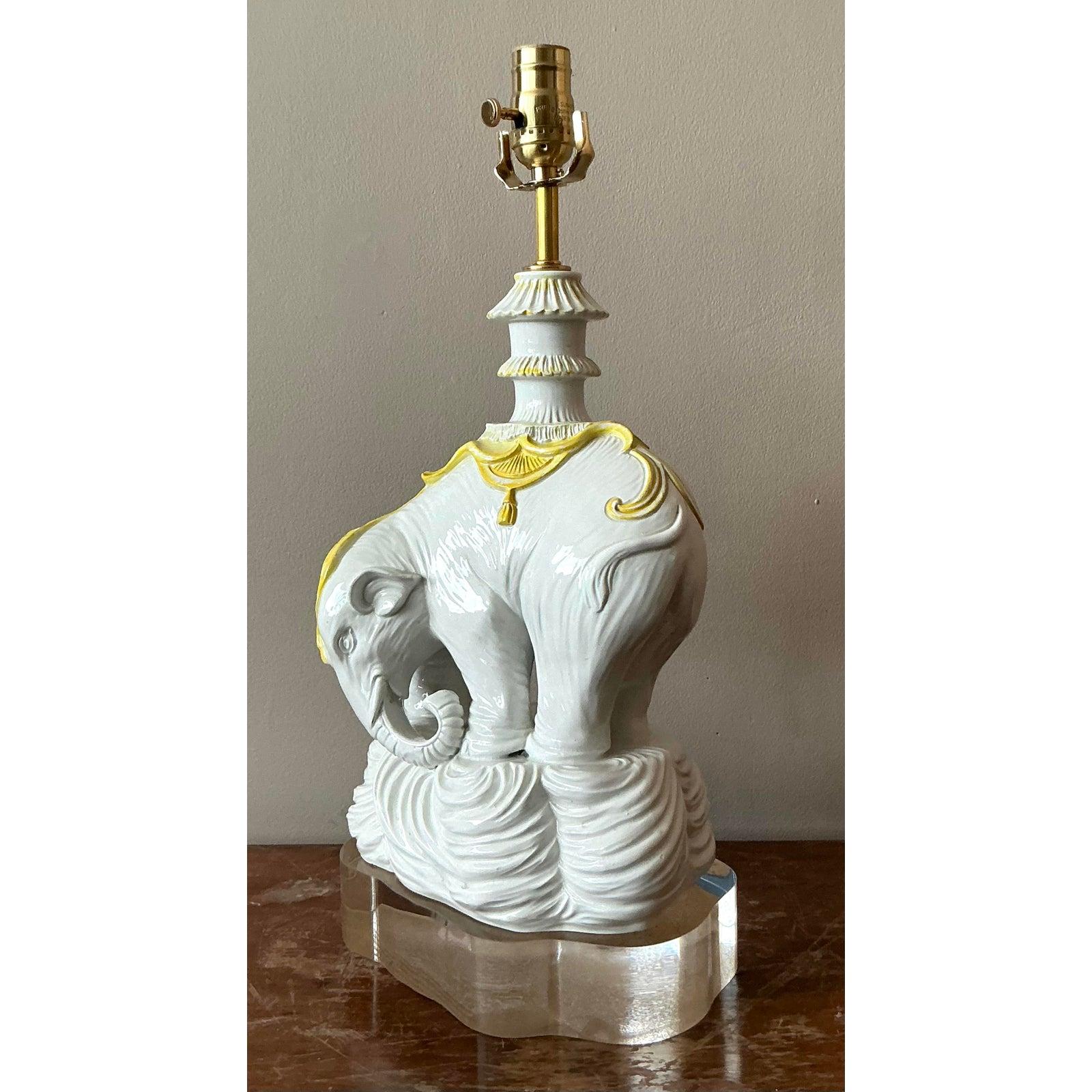 American Vintage Regency Glazed Ceramic Elephant Lamp For Sale