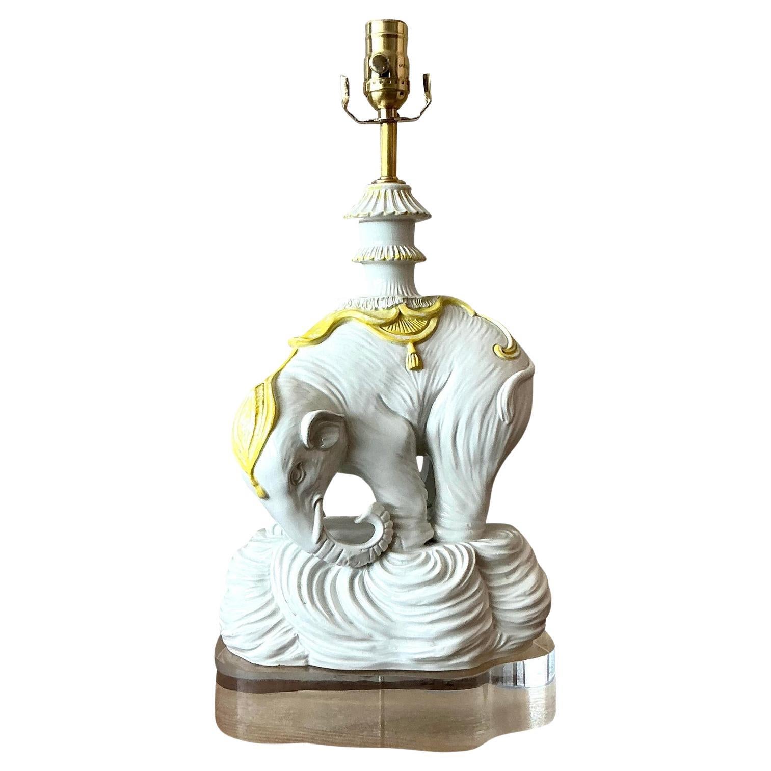 Vintage Regency Glazed Ceramic Elephant Lamp For Sale