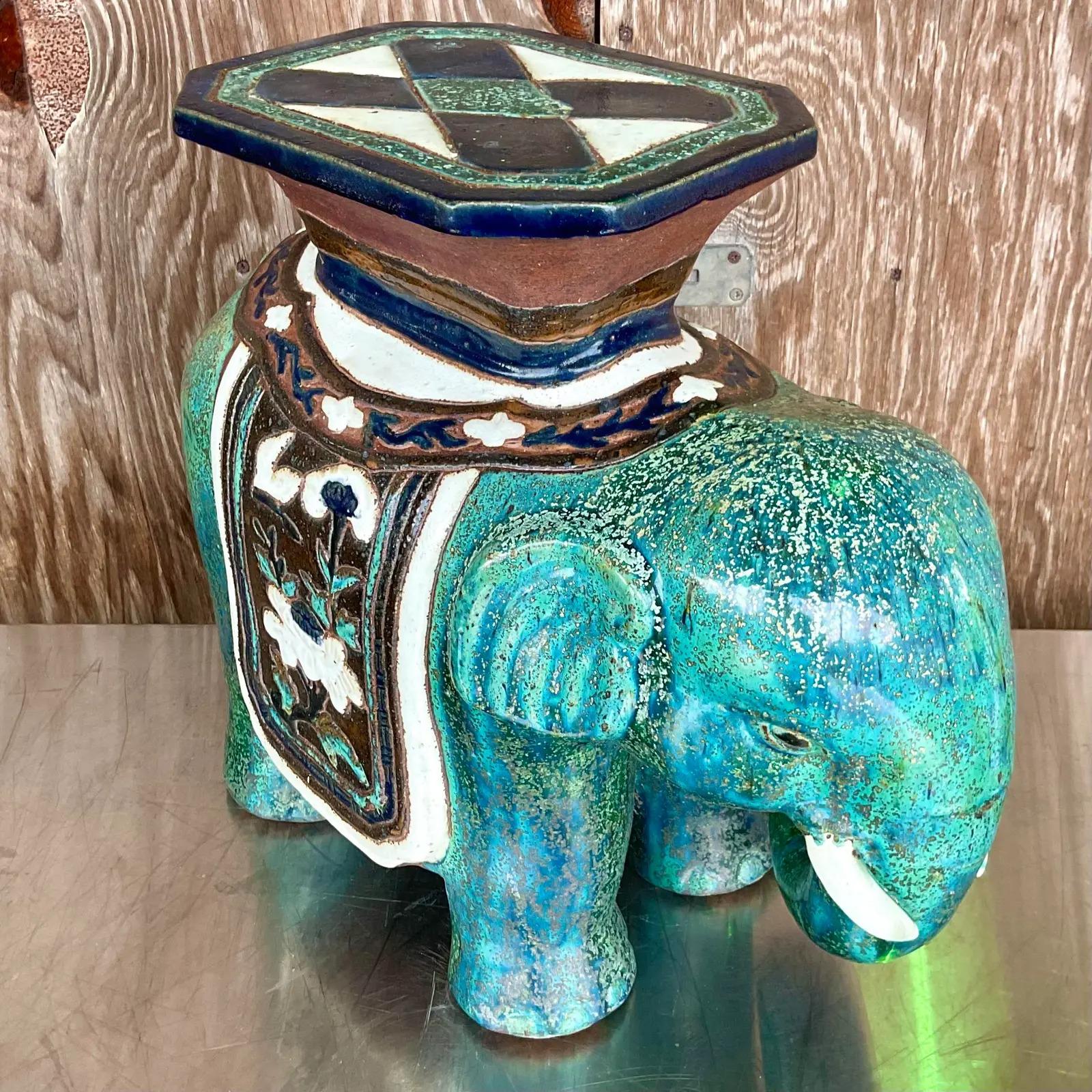Vintage Regency Glazed Ceramic Elephant Stool In Good Condition In West Palm Beach, FL