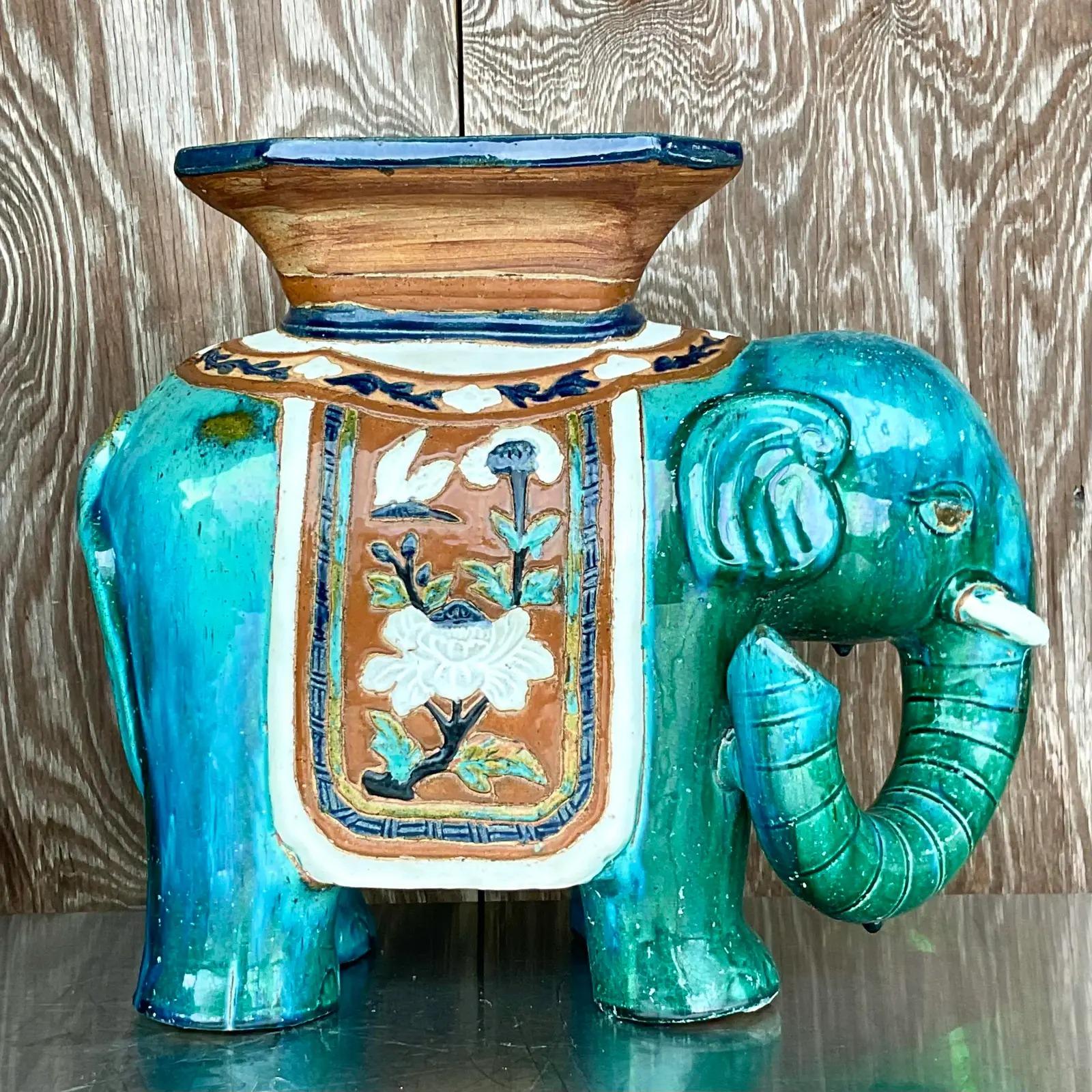 Vintage Regency Glazed Ceramic Elephant Stool In Good Condition In west palm beach, FL