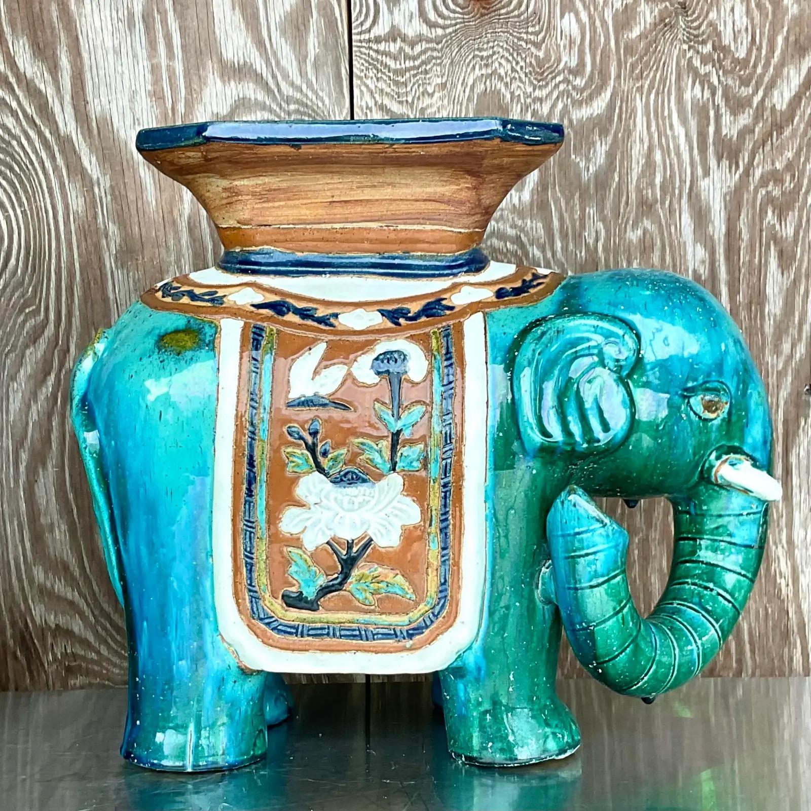 20th Century Vintage Regency Glazed Ceramic Elephant Stool