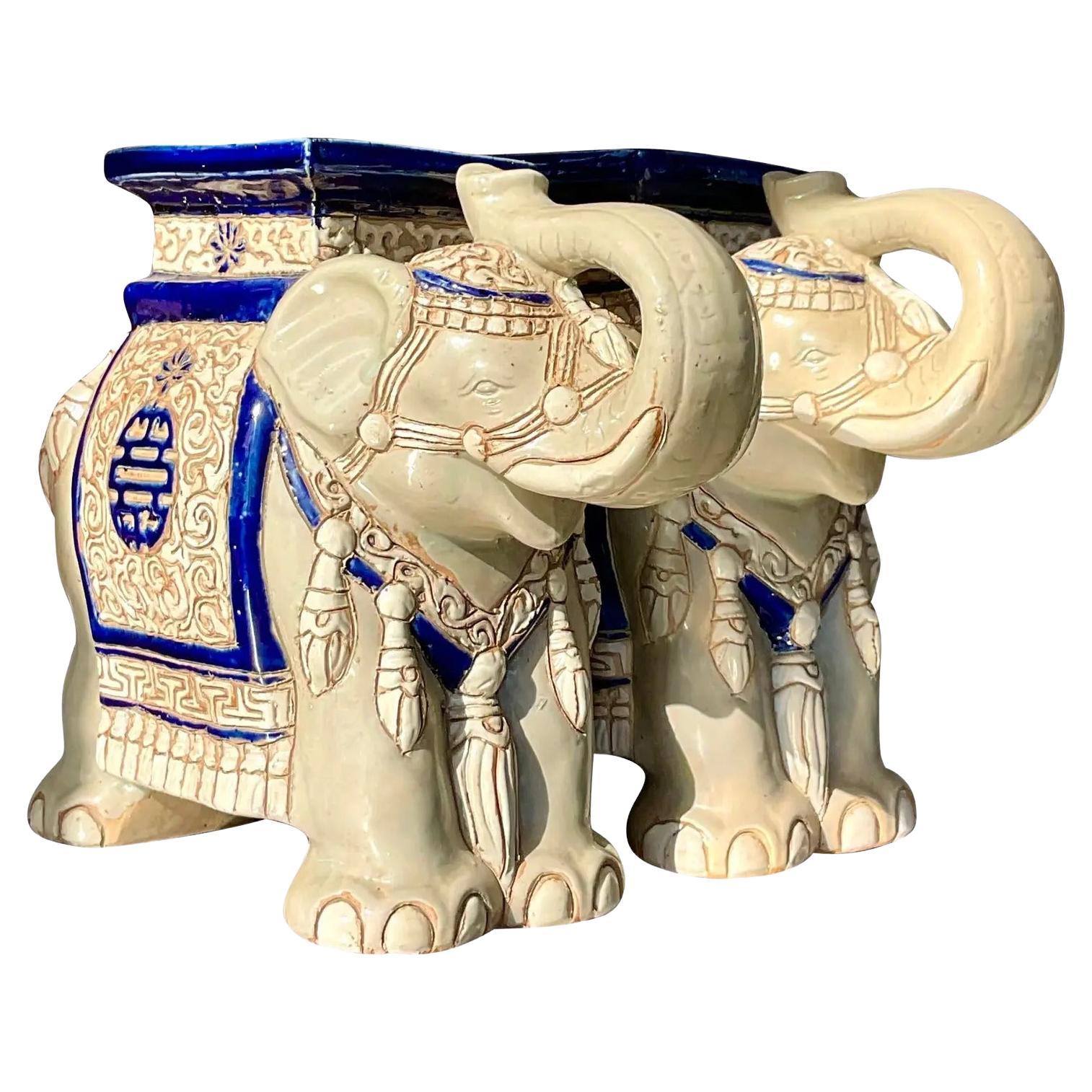 Vintage Regency Glazed Ceramic Elephants - a Pair For Sale