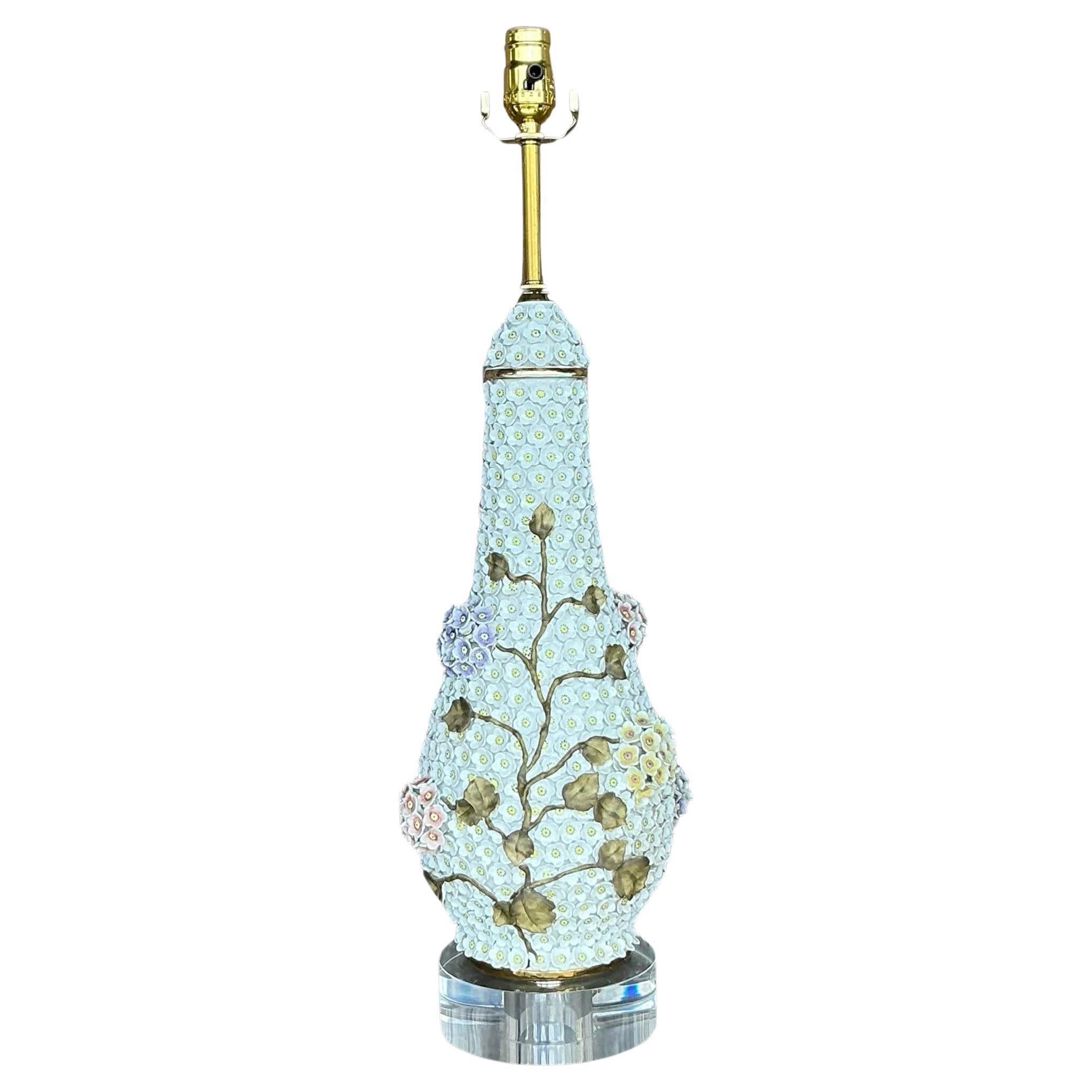 Vintage Regency Glazed Ceramic Floral Lamp After Meissen