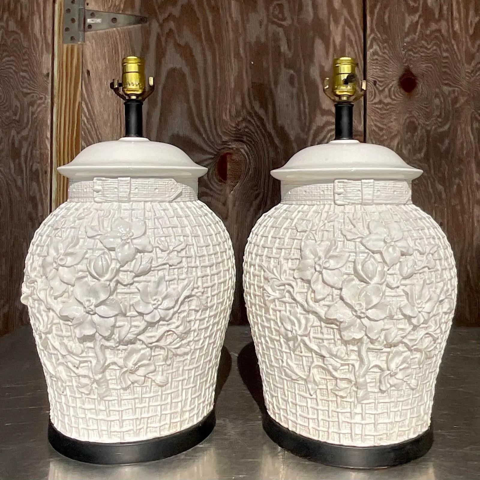 North American Vintage Regency Glazed Ceramic Floral Trellis Lamps - a Pair For Sale
