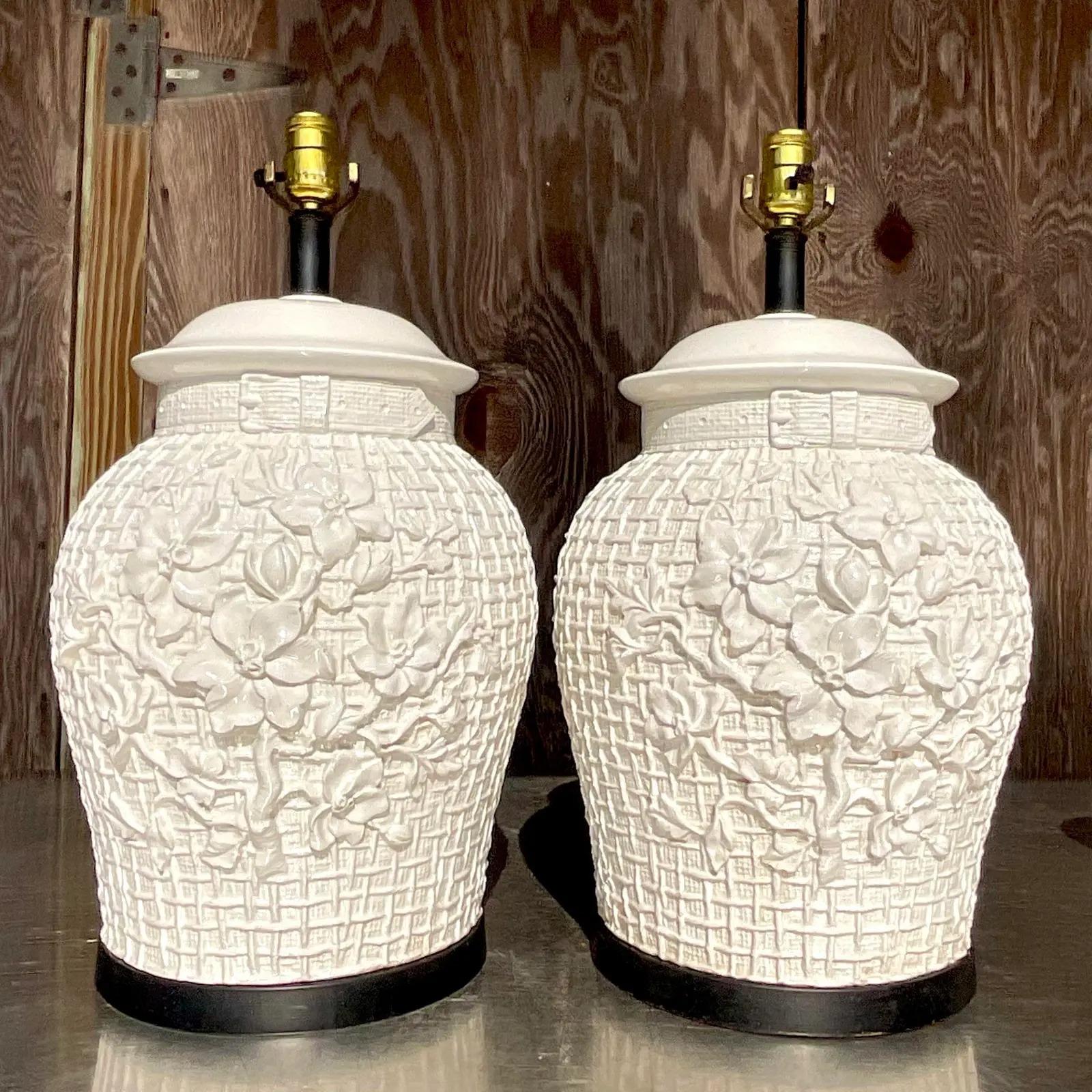 Vintage Regency Glazed Ceramic Floral Trellis Lamps - a Pair In Good Condition For Sale In west palm beach, FL