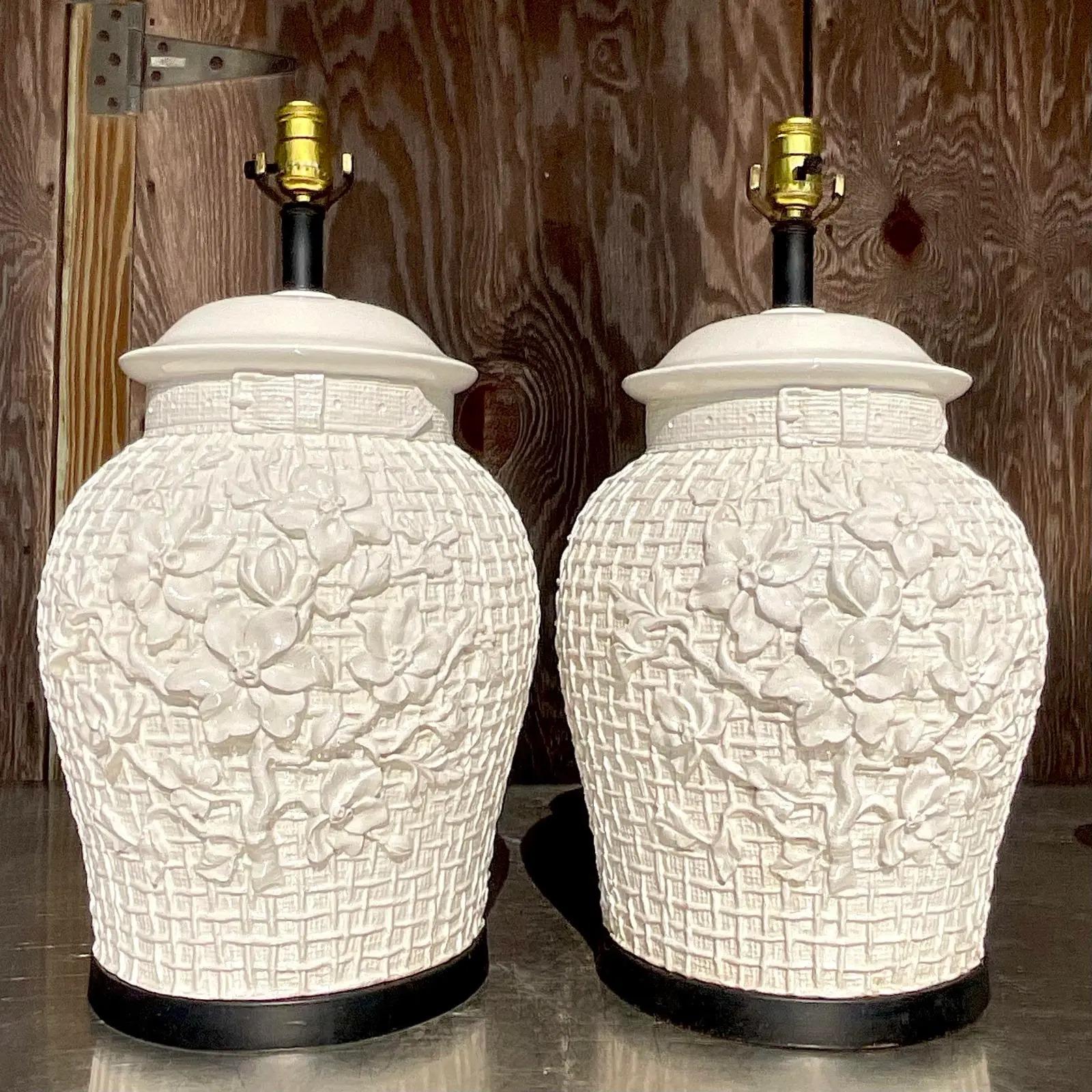 20th Century Vintage Regency Glazed Ceramic Floral Trellis Lamps - a Pair For Sale