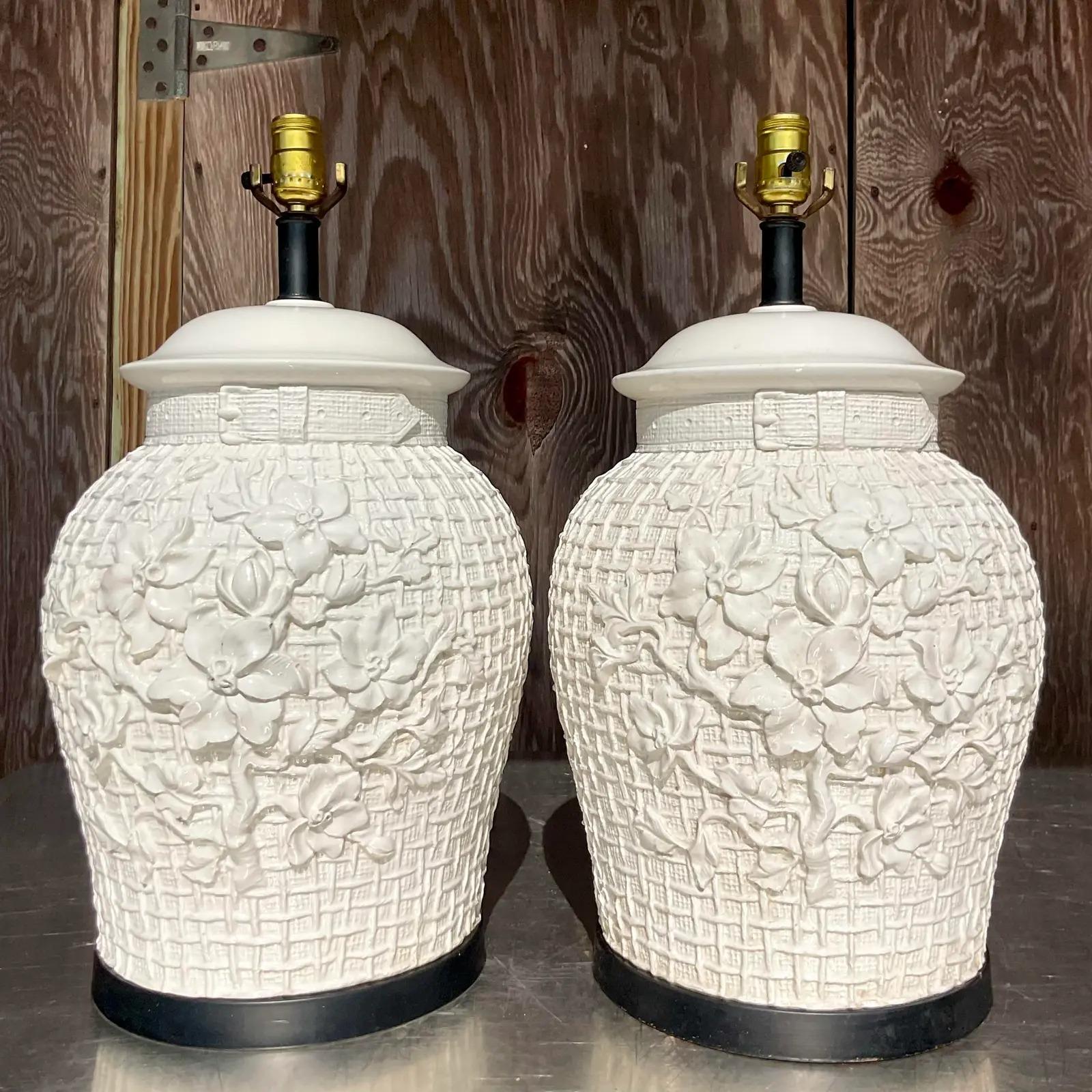 Vintage Regency Glazed Ceramic Floral Trellis Lamps - a Pair For Sale 2