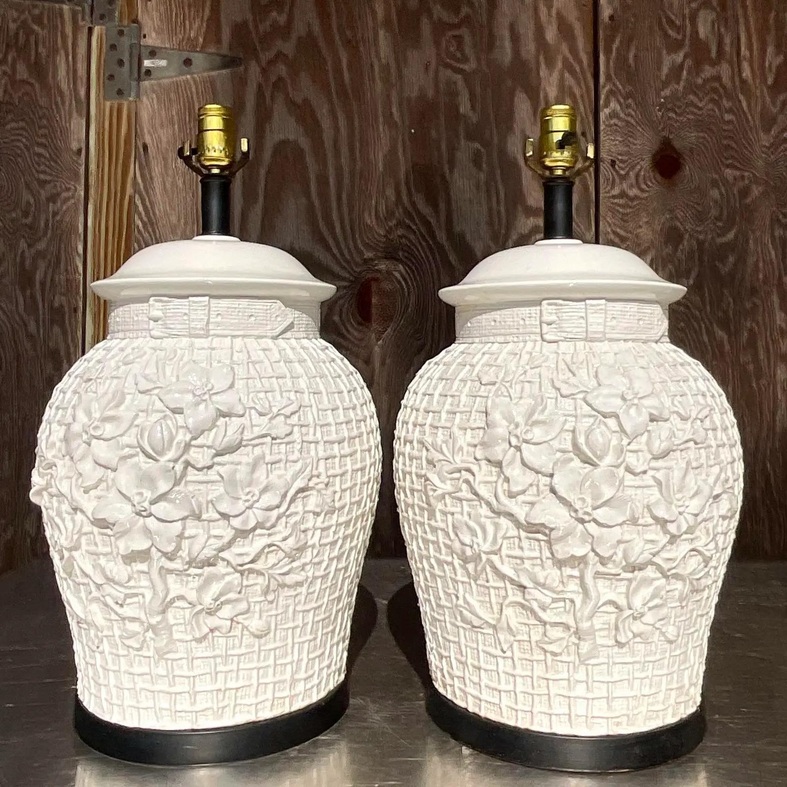 Vintage Regency Glazed Ceramic Floral Trellis Lamps - a Pair For Sale 3