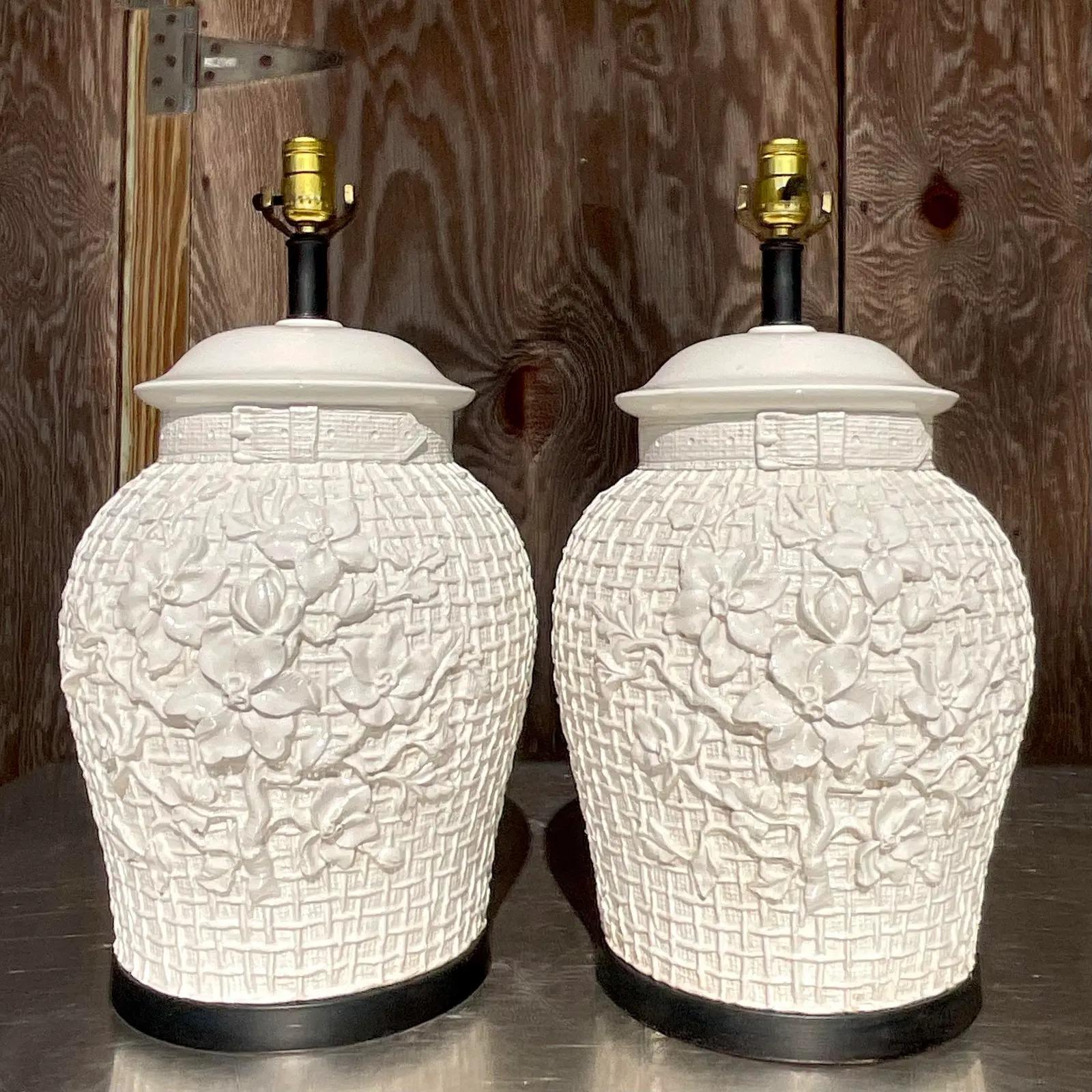 Vintage Regency Glazed Ceramic Floral Trellis Lamps - a Pair For Sale 4