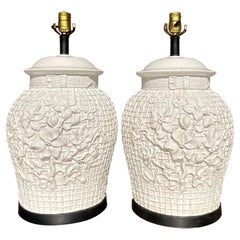 Vintage Regency Glazed Ceramic Floral Trellis Lamps - a Pair