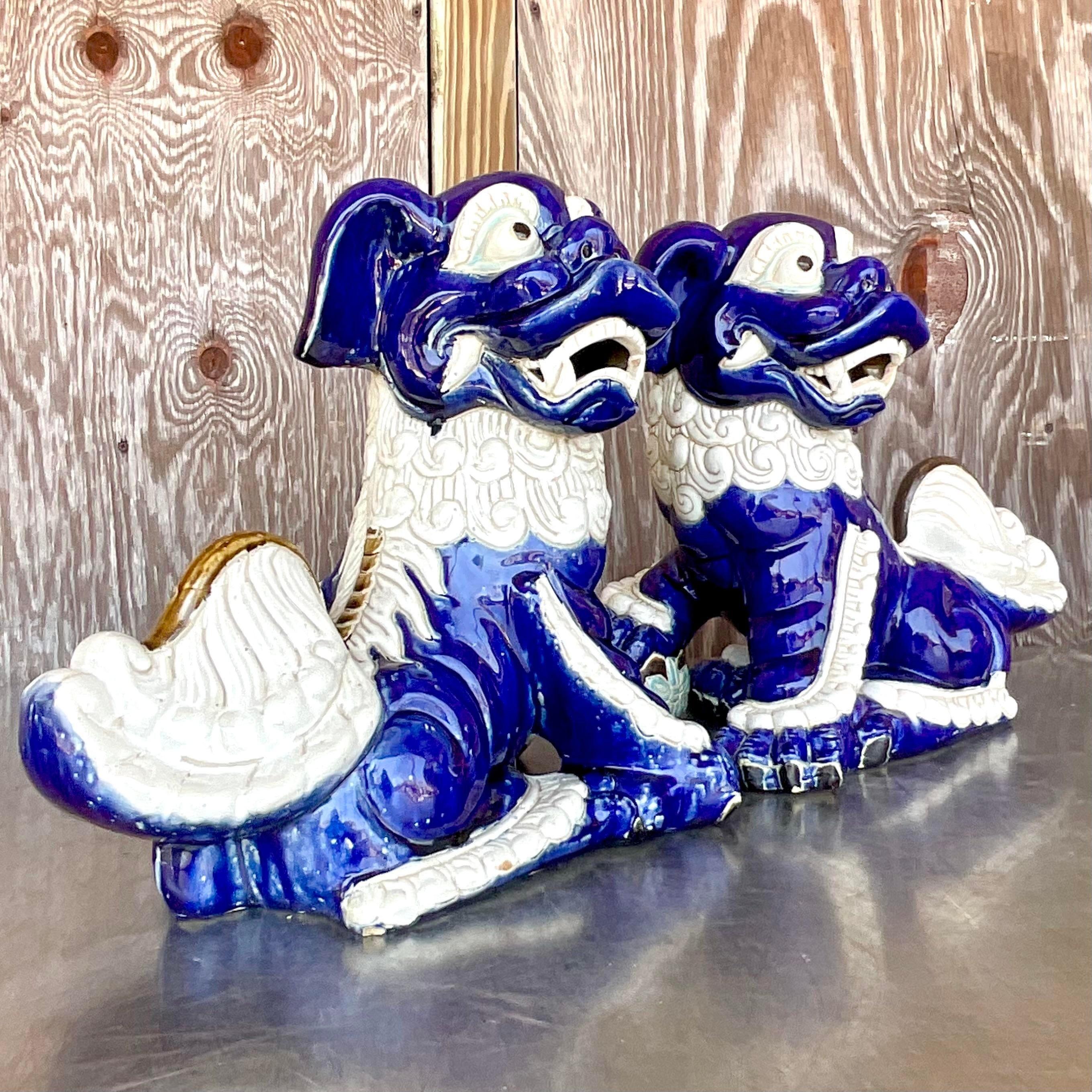 American Vintage Regency Glazed Ceramic Foo Dogs - a Pair For Sale