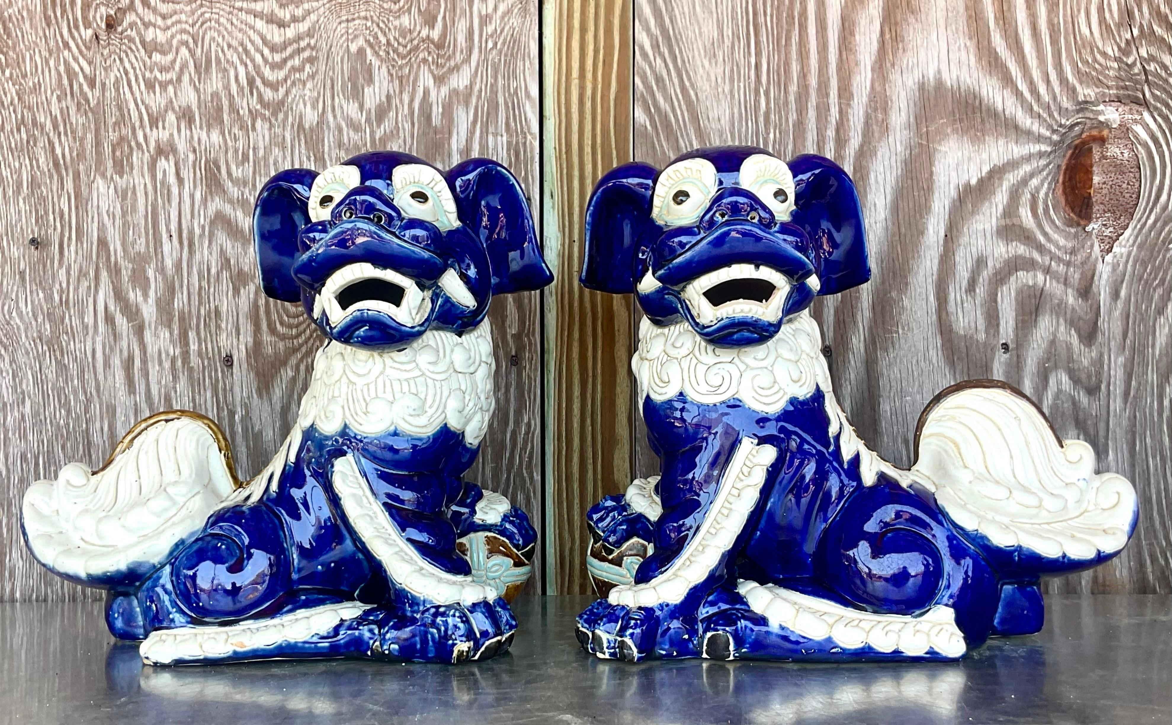 20th Century Vintage Regency Glazed Ceramic Foo Dogs - a Pair For Sale