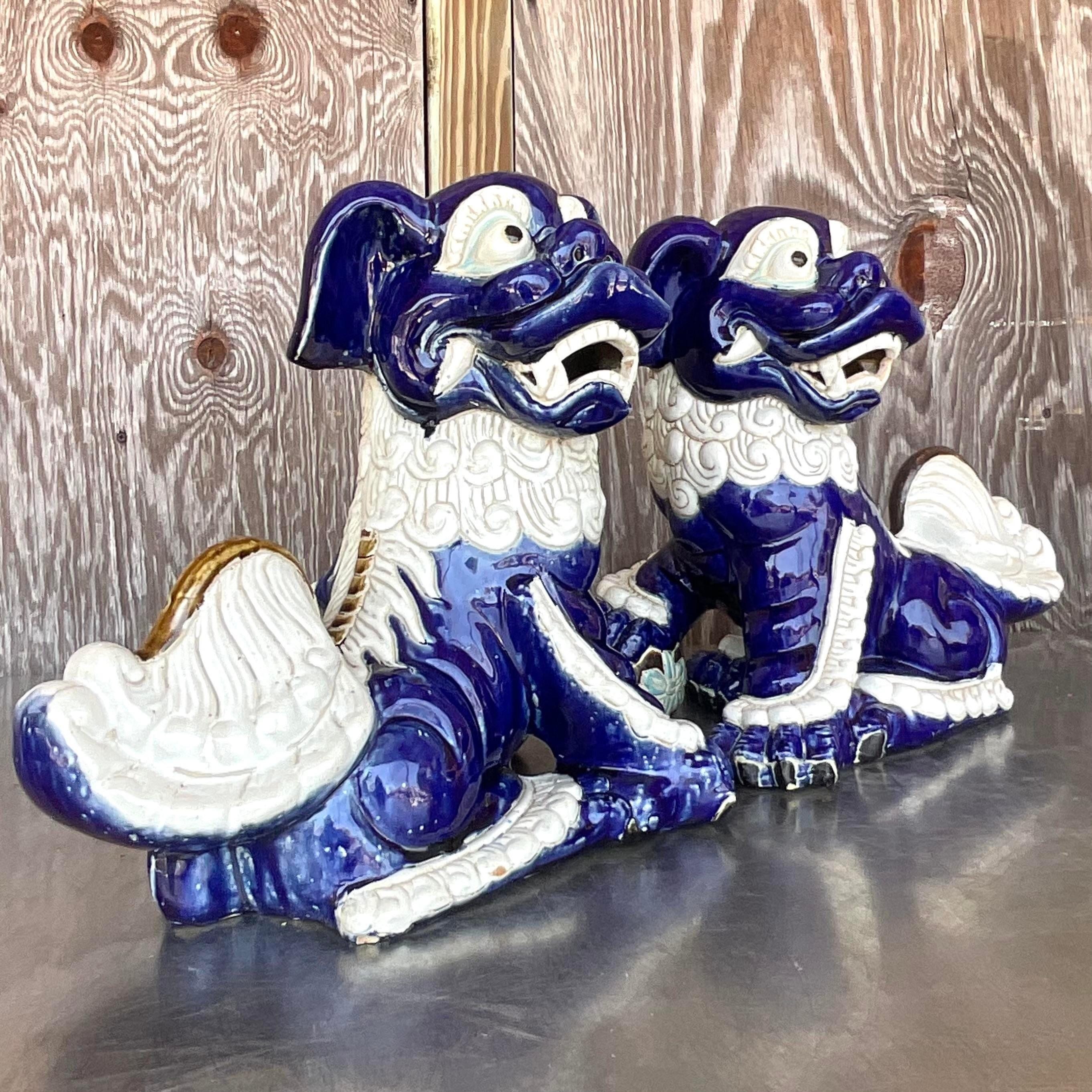 Vintage Regency Glazed Ceramic Foo Dogs - a Pair For Sale 1