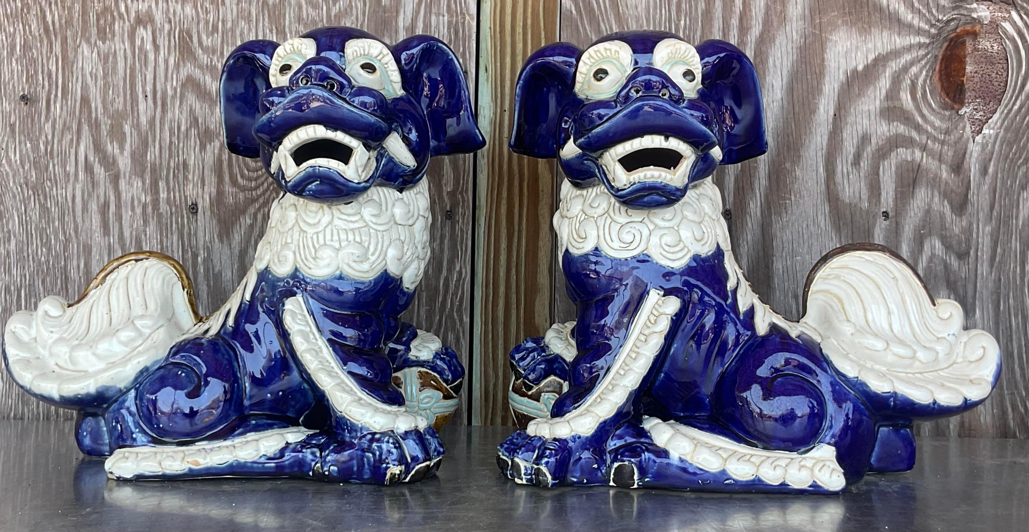 Vintage Regency Glazed Ceramic Foo Dogs - a Pair For Sale 2