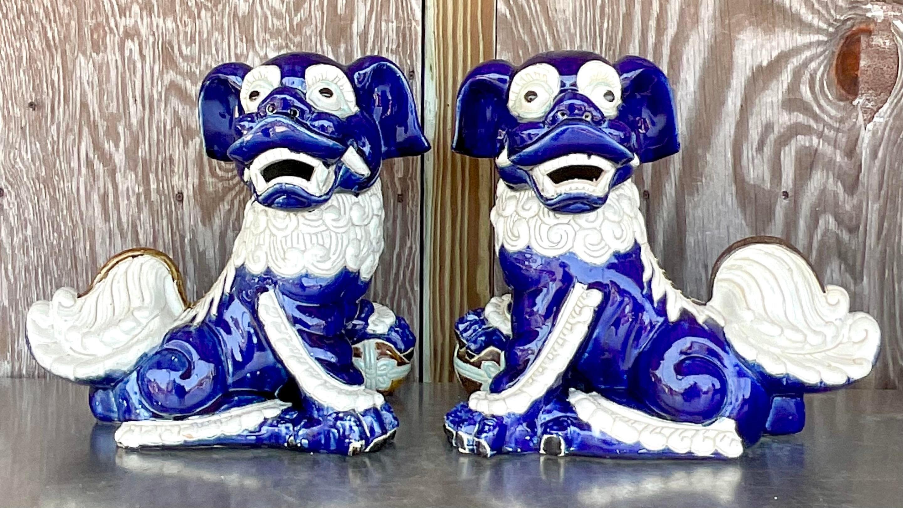 Vintage Regency Glazed Ceramic Foo Dogs - a Pair For Sale 4