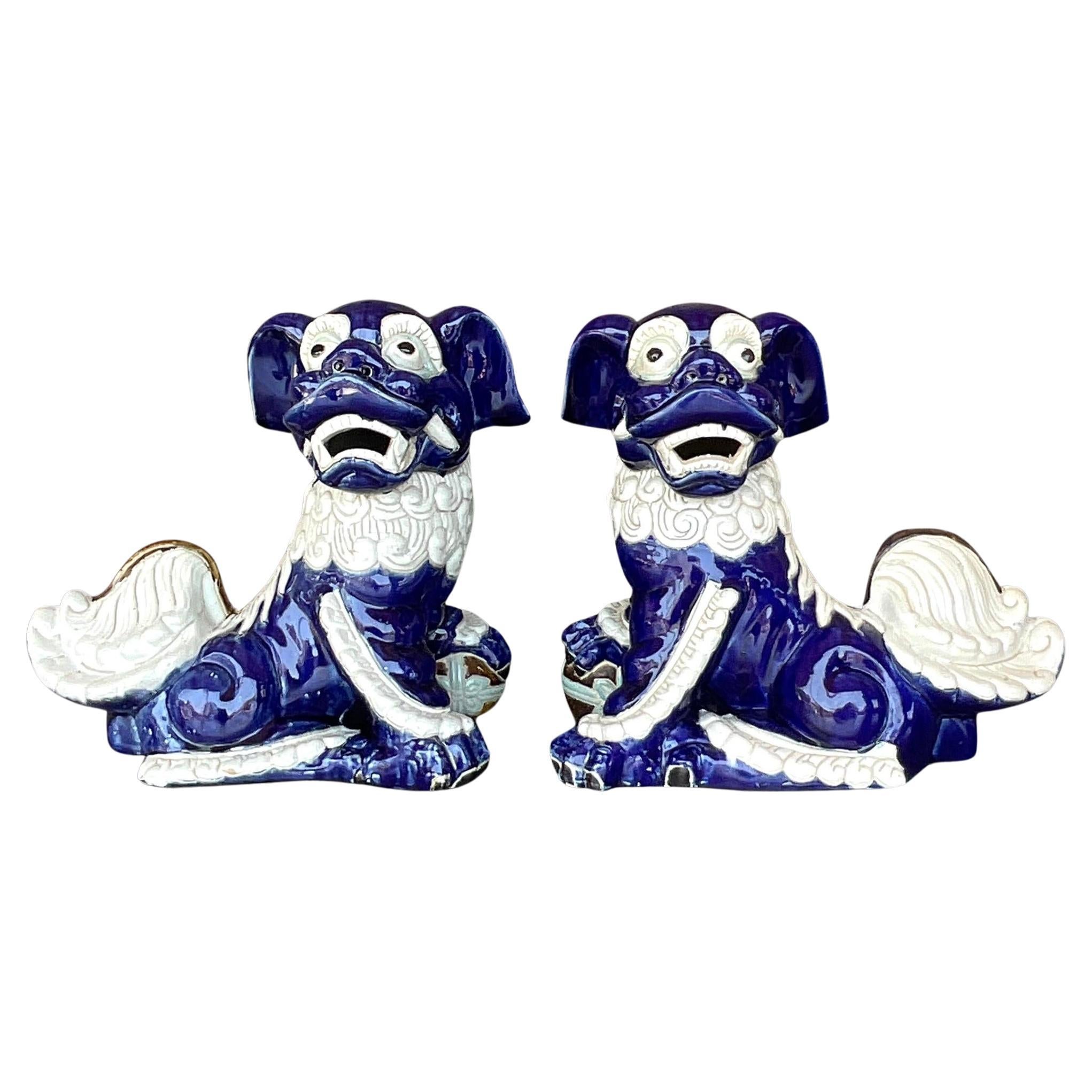 Vintage Regency Glazed Ceramic Foo Dogs - a Pair