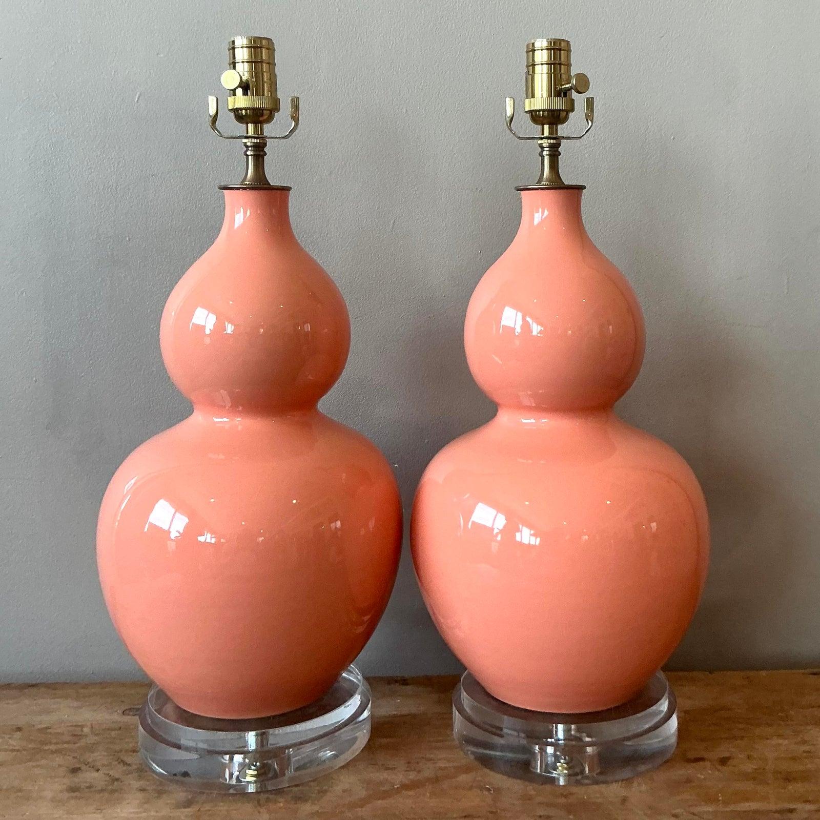 Art Deco Vintage Regency Glazed Ceramic Gourd Lamps - A Pair For Sale