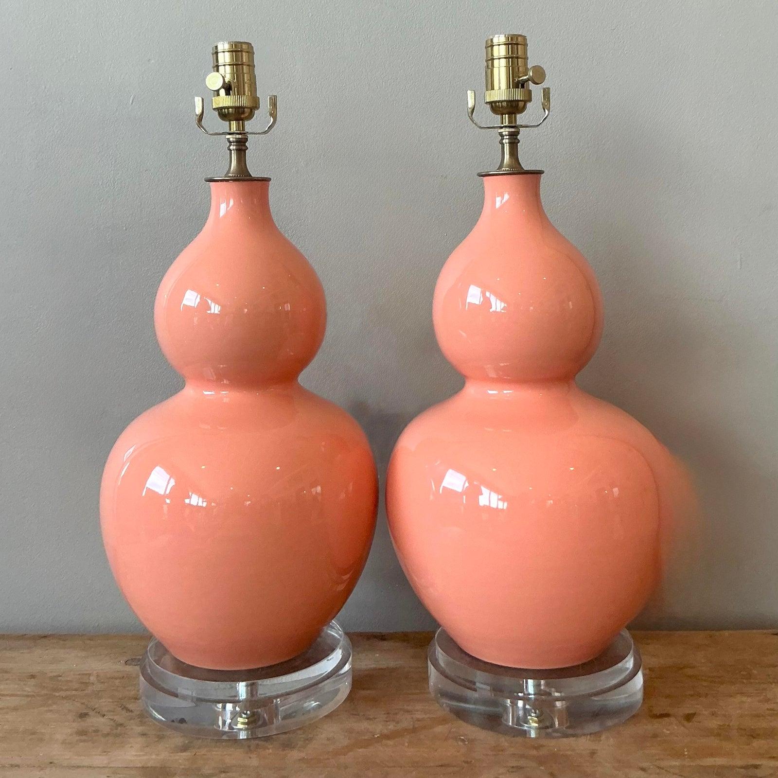 American Vintage Regency Glazed Ceramic Gourd Lamps - A Pair For Sale