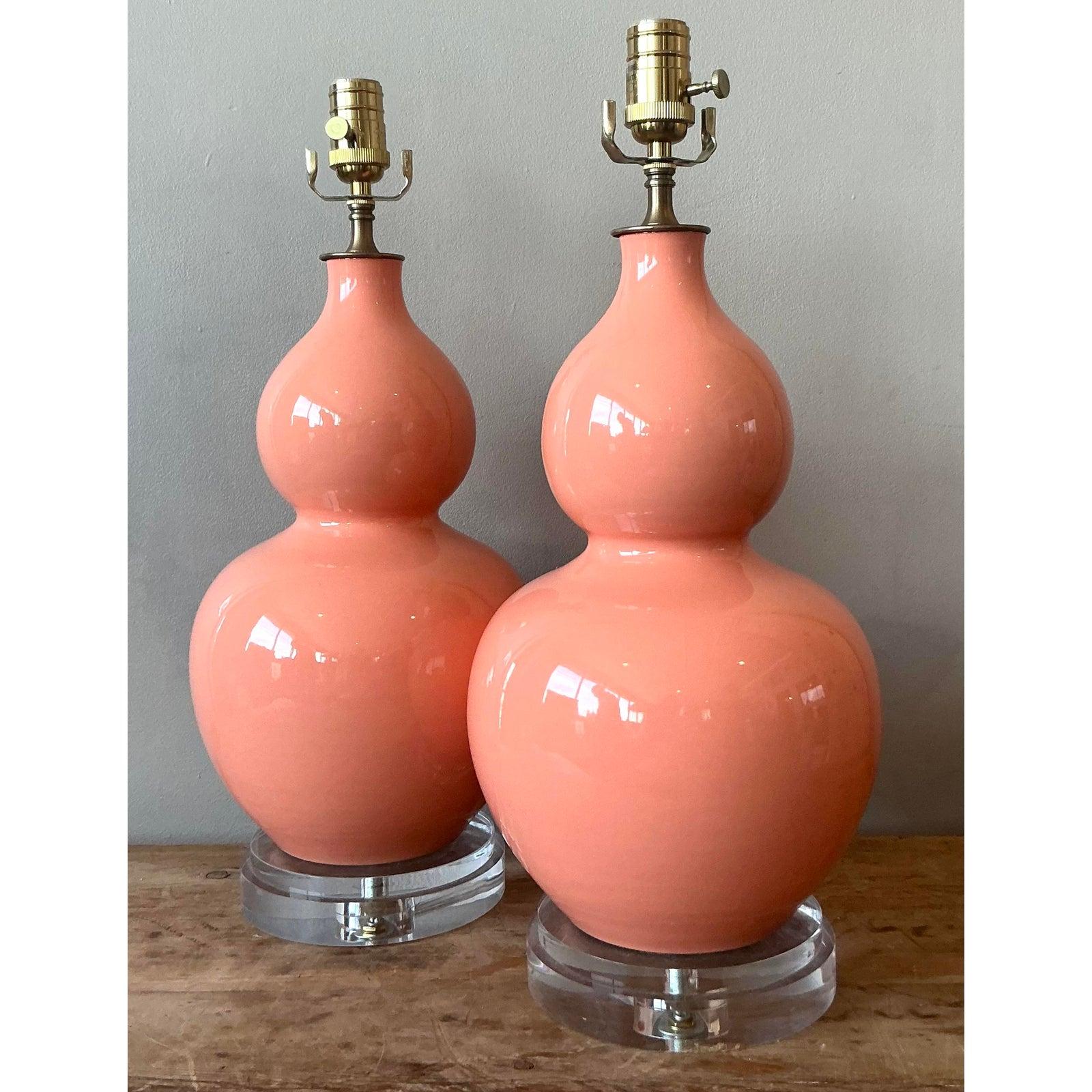 20th Century Vintage Regency Glazed Ceramic Gourd Lamps - A Pair For Sale