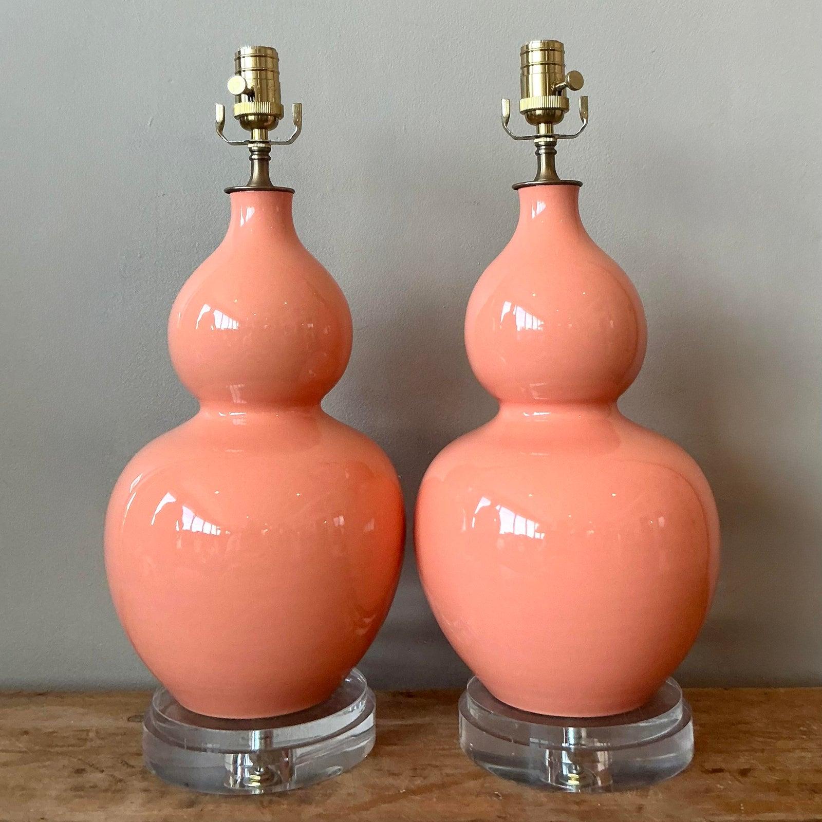 Brass Vintage Regency Glazed Ceramic Gourd Lamps - A Pair For Sale