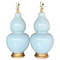 Vintage Regency Glazed Ceramic Gourd Lamps, a Pair