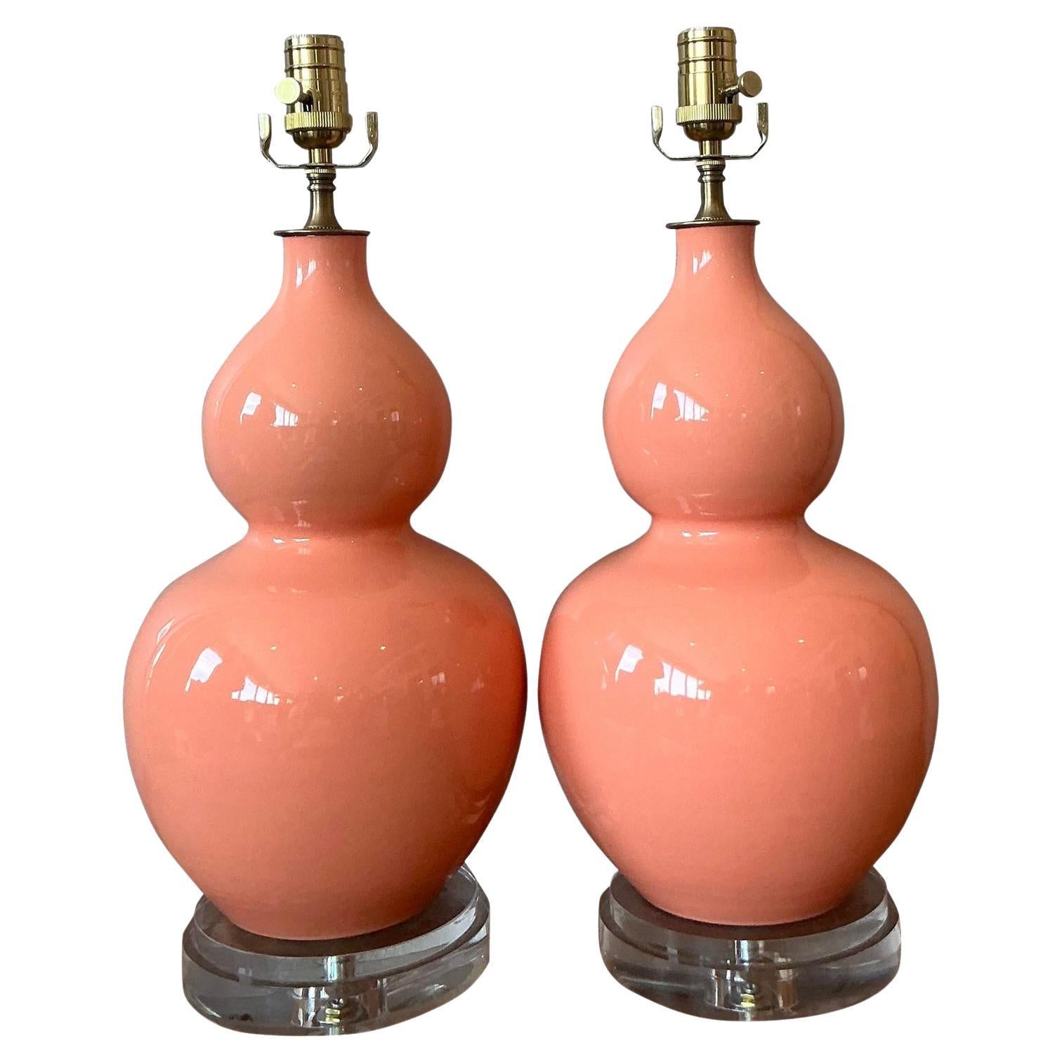 Vintage Regency Glazed Ceramic Gourd Lamps - A Pair For Sale